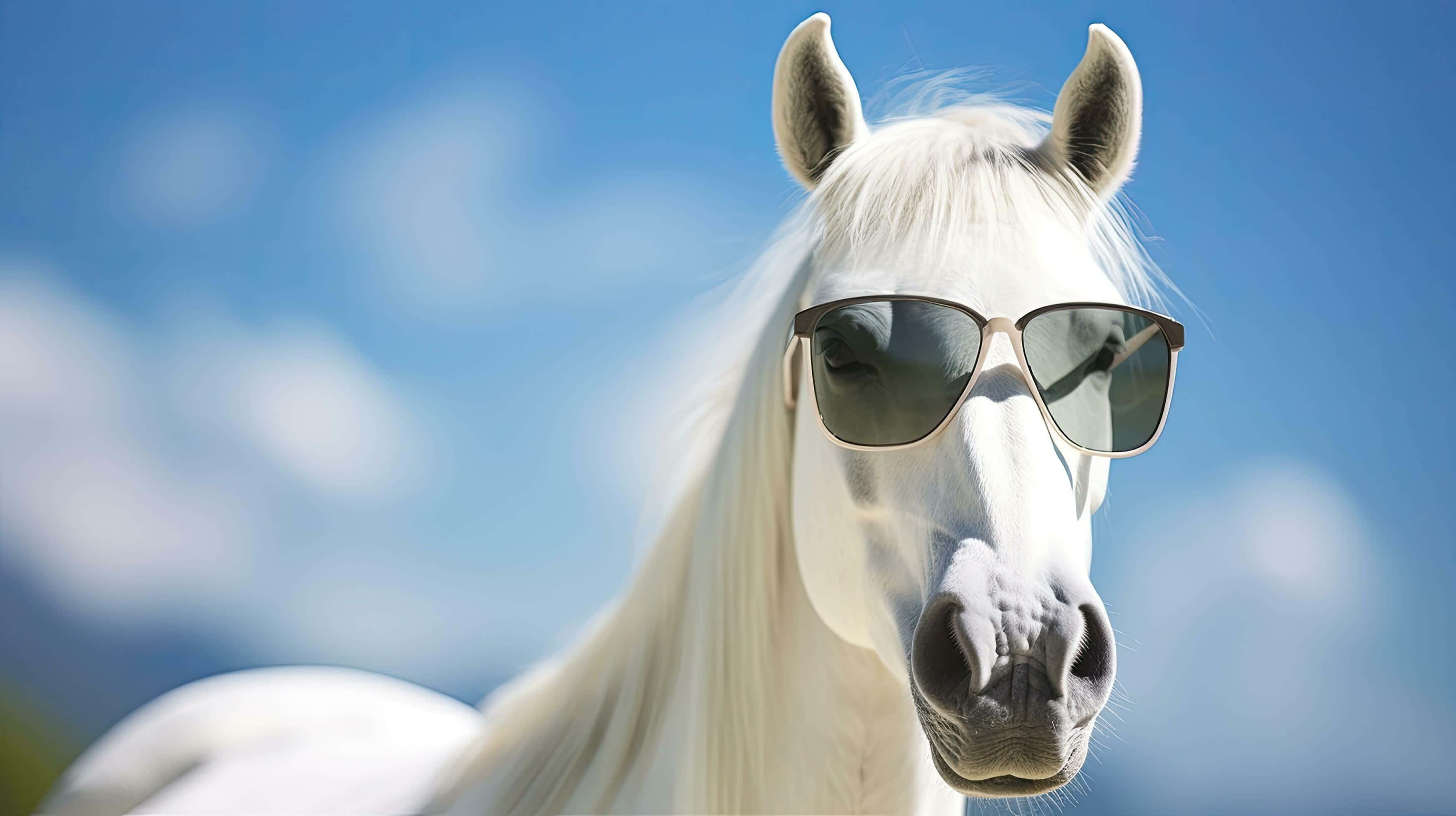 Cool Horse With Sunglasses, white horse, flowing mane, 2K Desktop Wallpaper