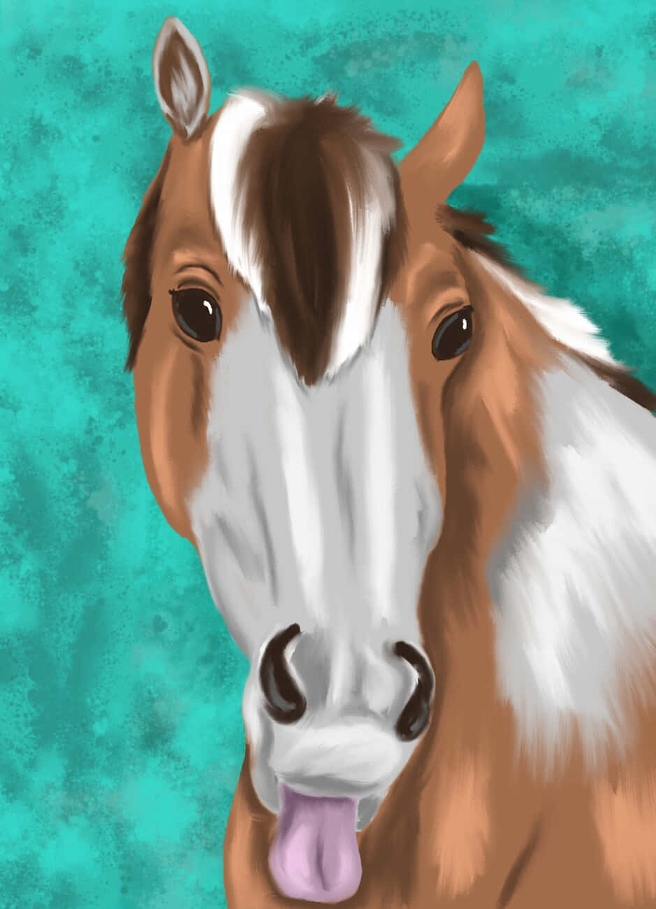 brown and white horse, tongue out, textured teal background, HD Phone Wallpaper