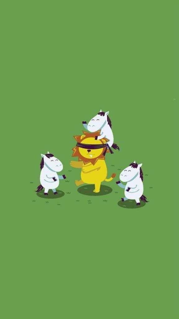 Funny iPhone Animals, white cartoon horses, yellow lion with a mane, SD Phone Wallpaper