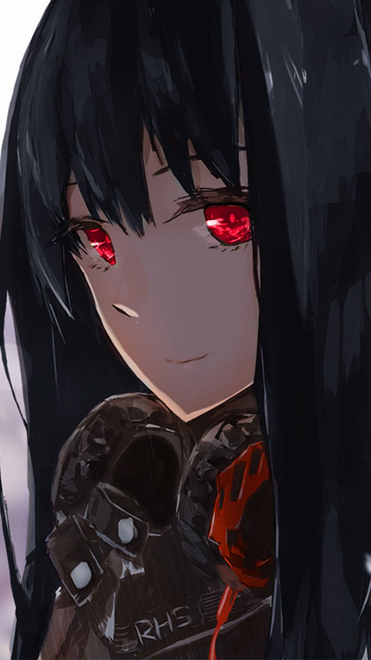 anime girl, black hair, glowing red eyes, Full HD Phone Wallpaper