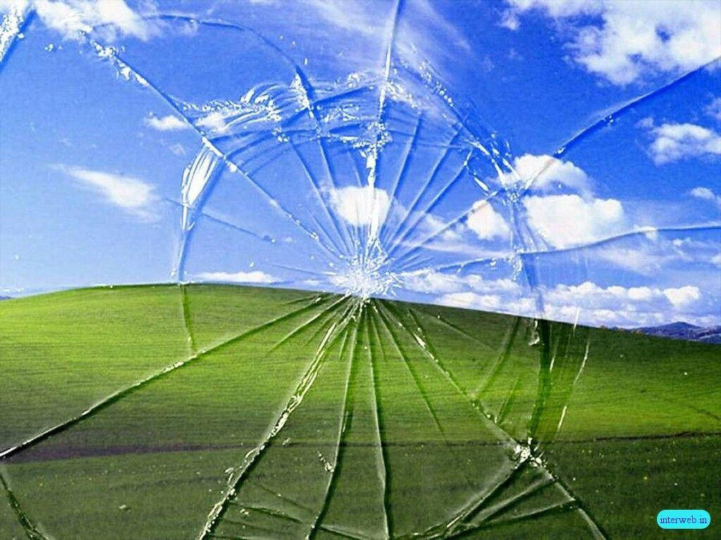 broken window, bright blue sky, fluffy clouds, SD Desktop Wallpaper