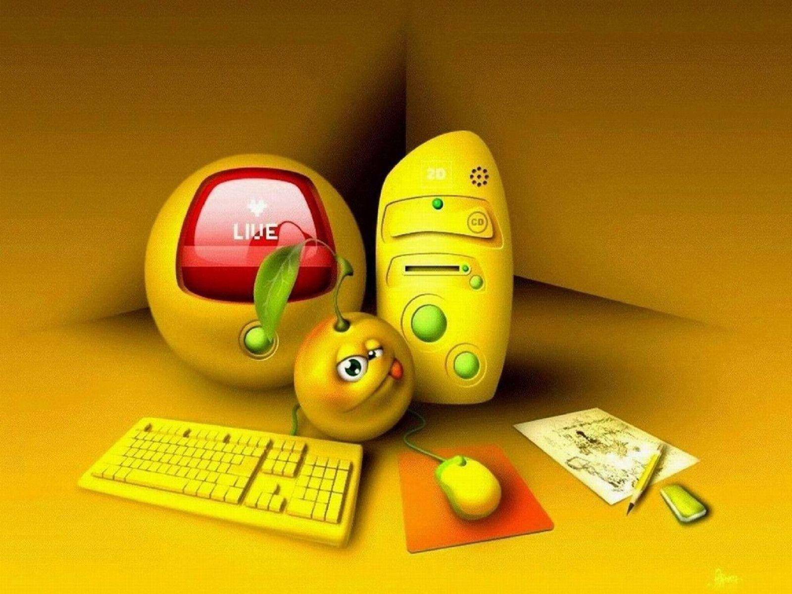 Funny Laptop Toy Set, yellow computer, smiling apple character, HD Desktop Wallpaper