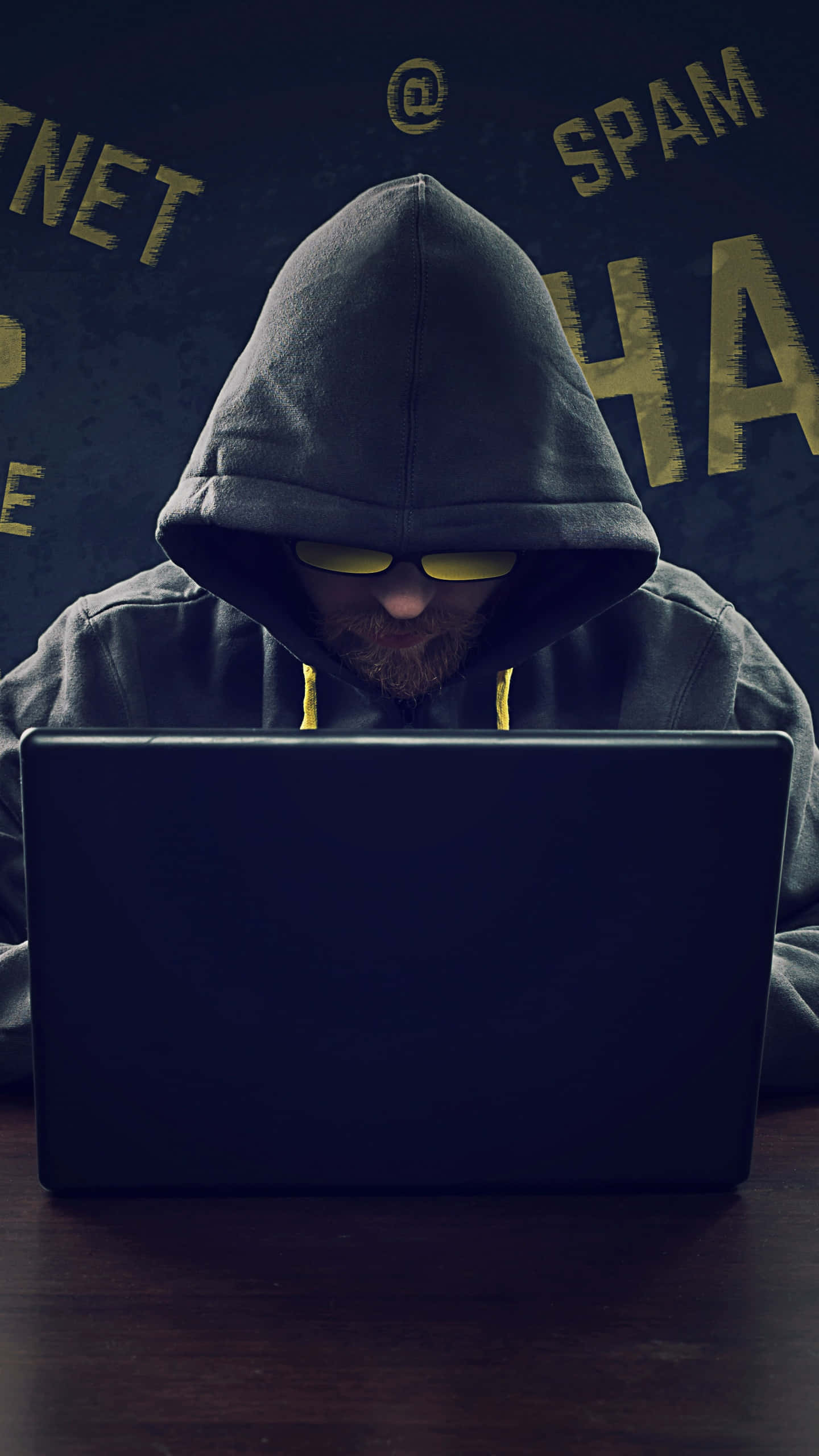 hooded hacker, yellow glasses, laptop, 2K Phone Wallpaper