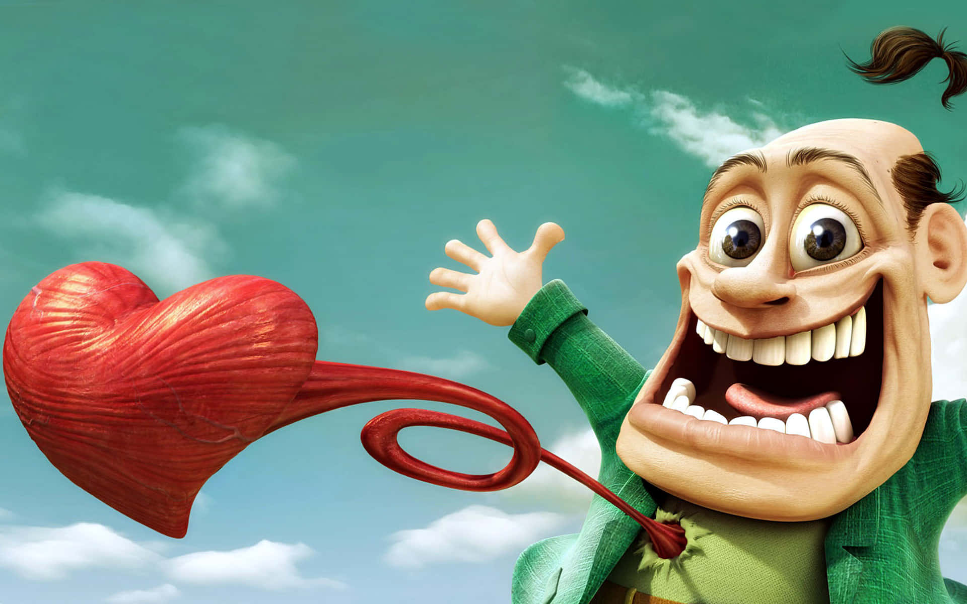 funny love, green jacket, giant red heart-shaped balloon, Full HD Desktop Wallpaper