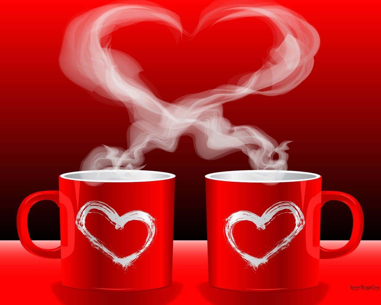 red mugs, white heart designs, steam forming a heart, HD Desktop Wallpaper