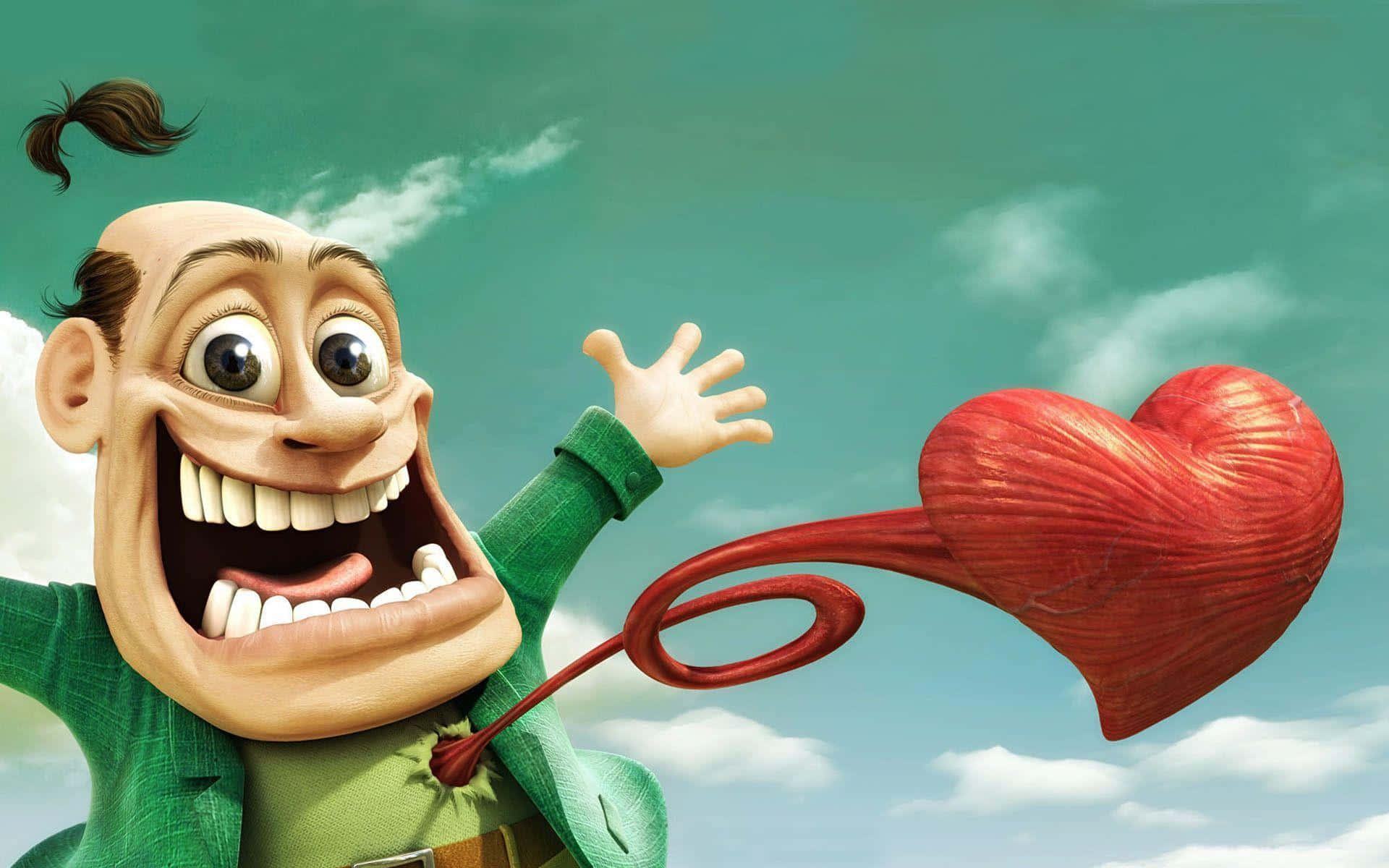 cartoon character, green jacket, giant red heart-shaped balloon, Full HD Desktop Wallpaper