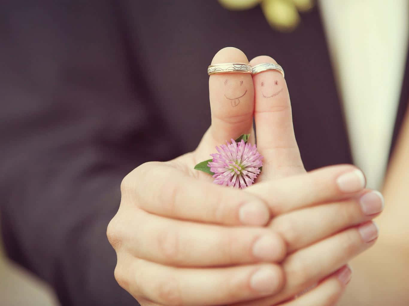 wedding rings, pink clover flower, smiling faces, HD Desktop Wallpaper