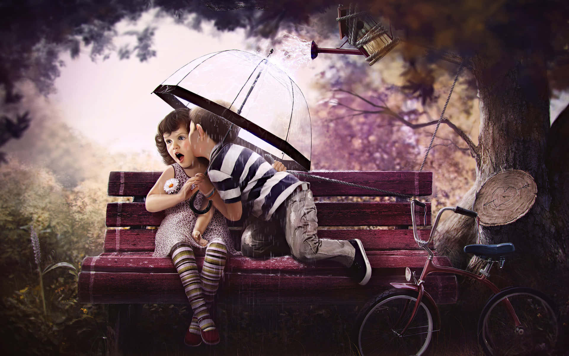 Funny Love, clear umbrella, rain, Full HD Desktop Wallpaper