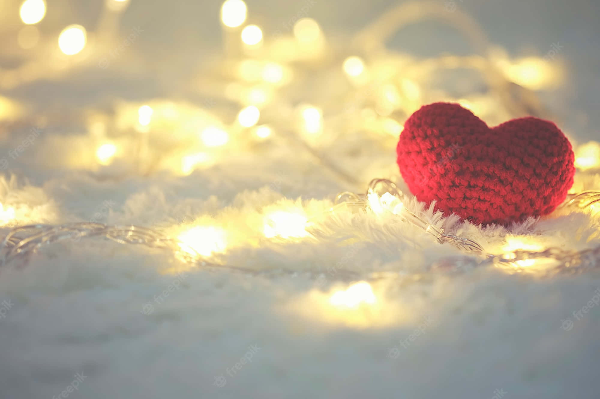 red crocheted heart, soft white fur, glowing string lights, Full HD Desktop Wallpaper
