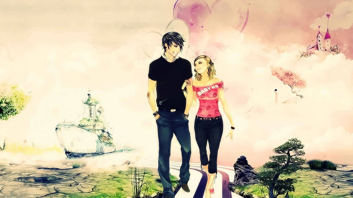 Cartoon Couple, dreamy pink sky, floating castle, HD Desktop Wallpaper