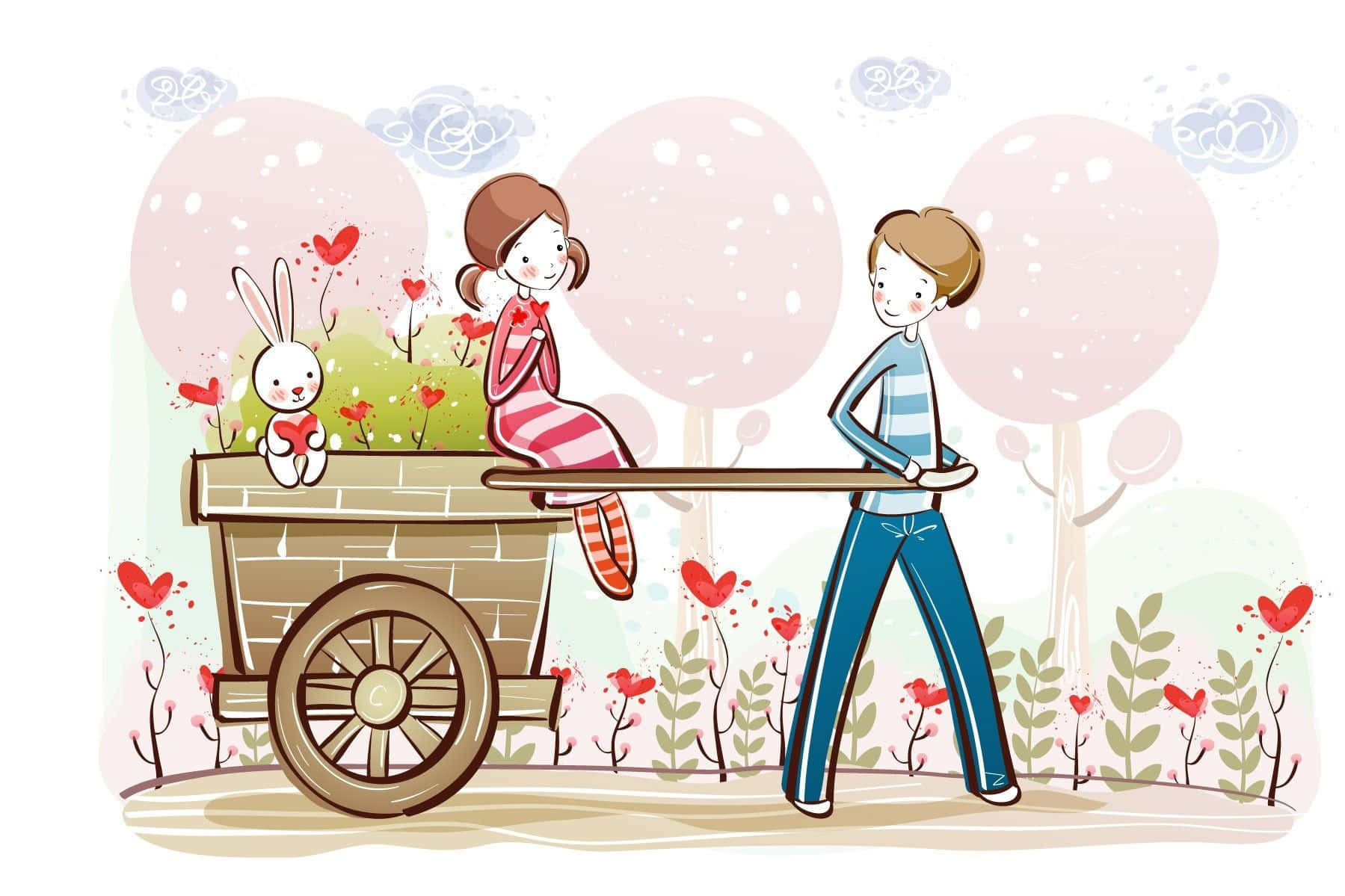 cartoon couple, bunny, heart-filled garden, HD Desktop Wallpaper