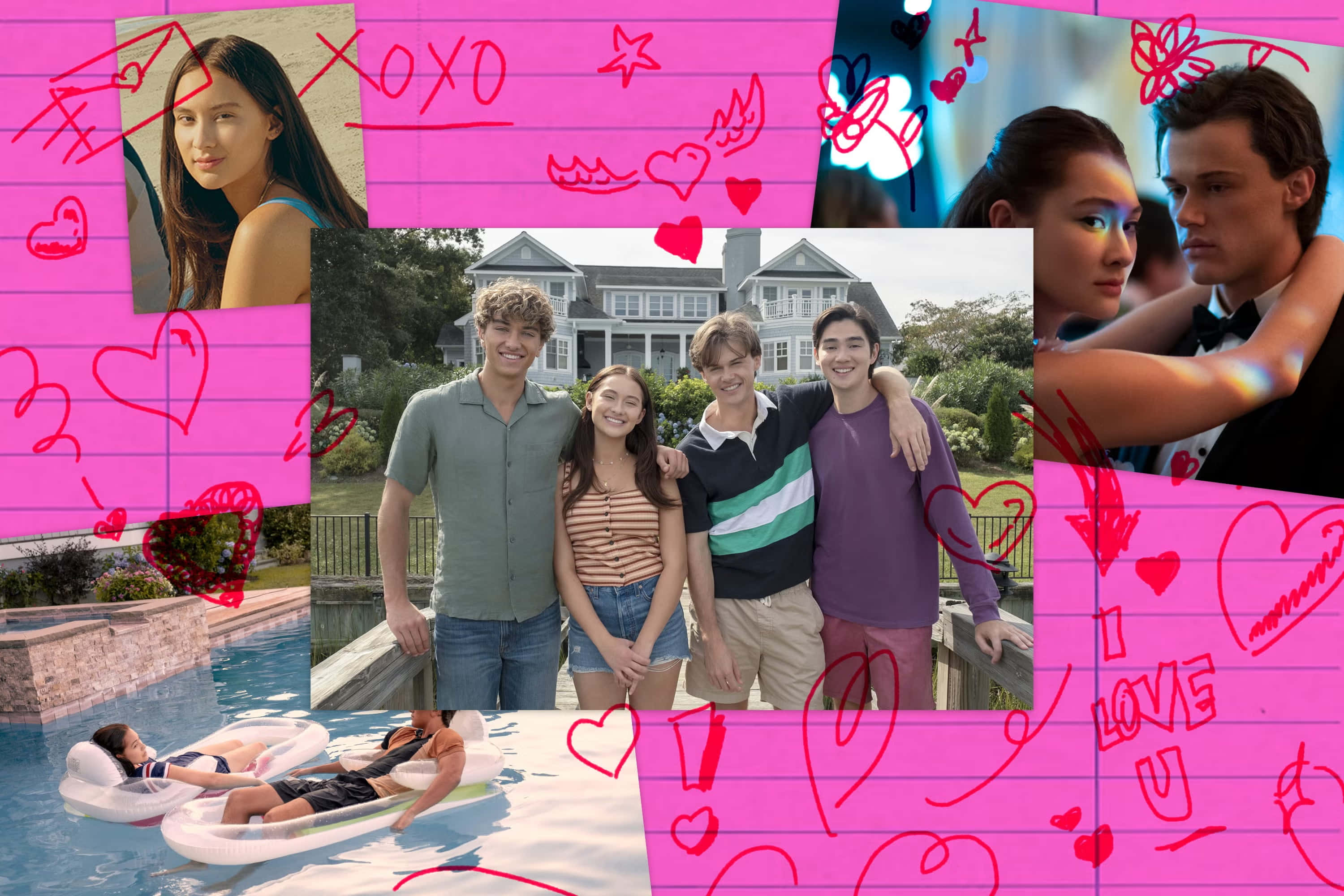 summer romance, pink notebook paper, hearts, 2K Desktop Wallpaper