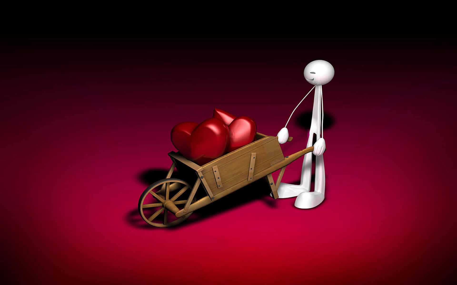 white stick figure, wooden wheelbarrow, shiny red hearts, Full HD Desktop Wallpaper