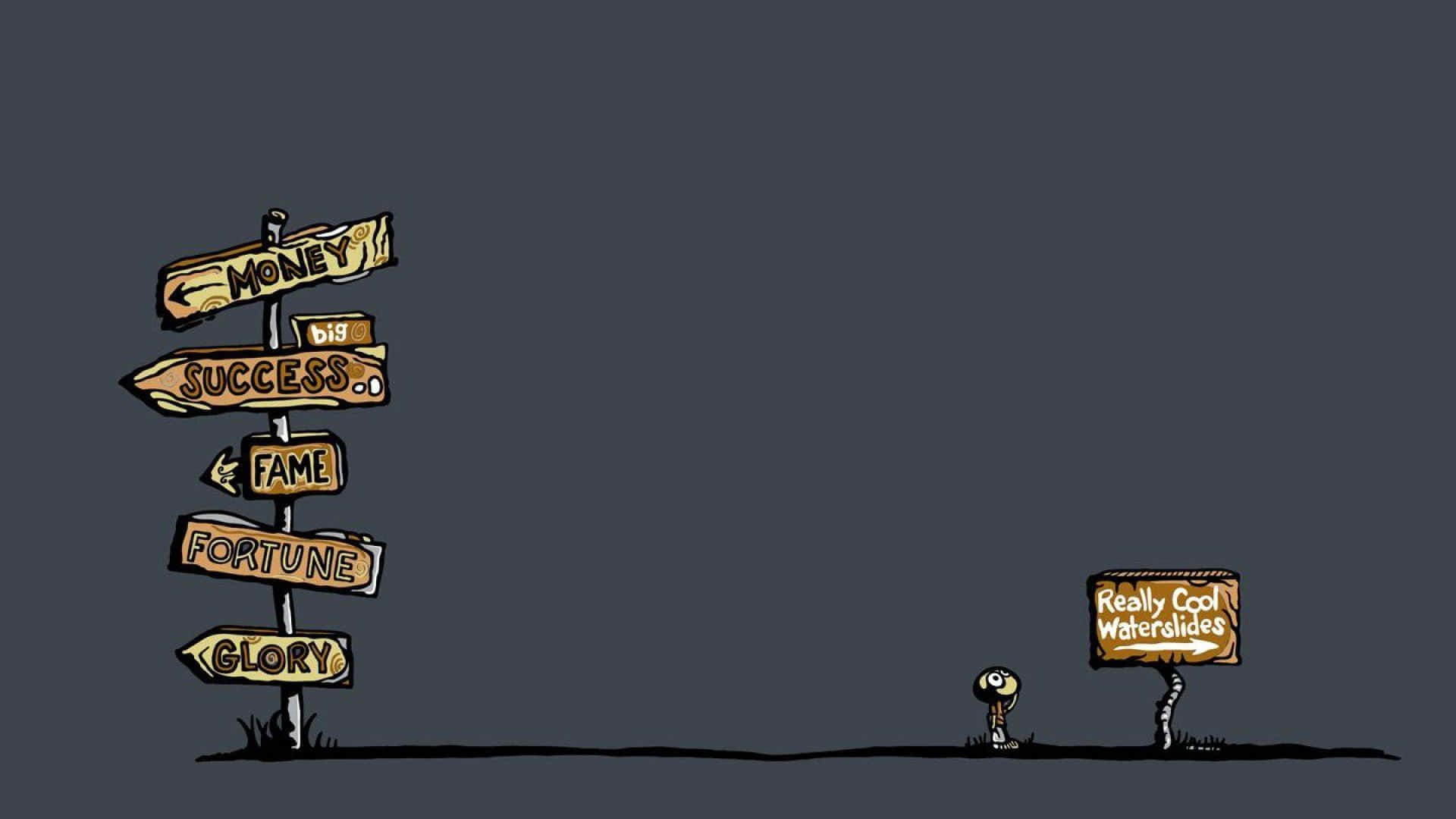 Really Cool Waterslides, tiny cartoon character, towering signpost, Full HD Desktop Wallpaper