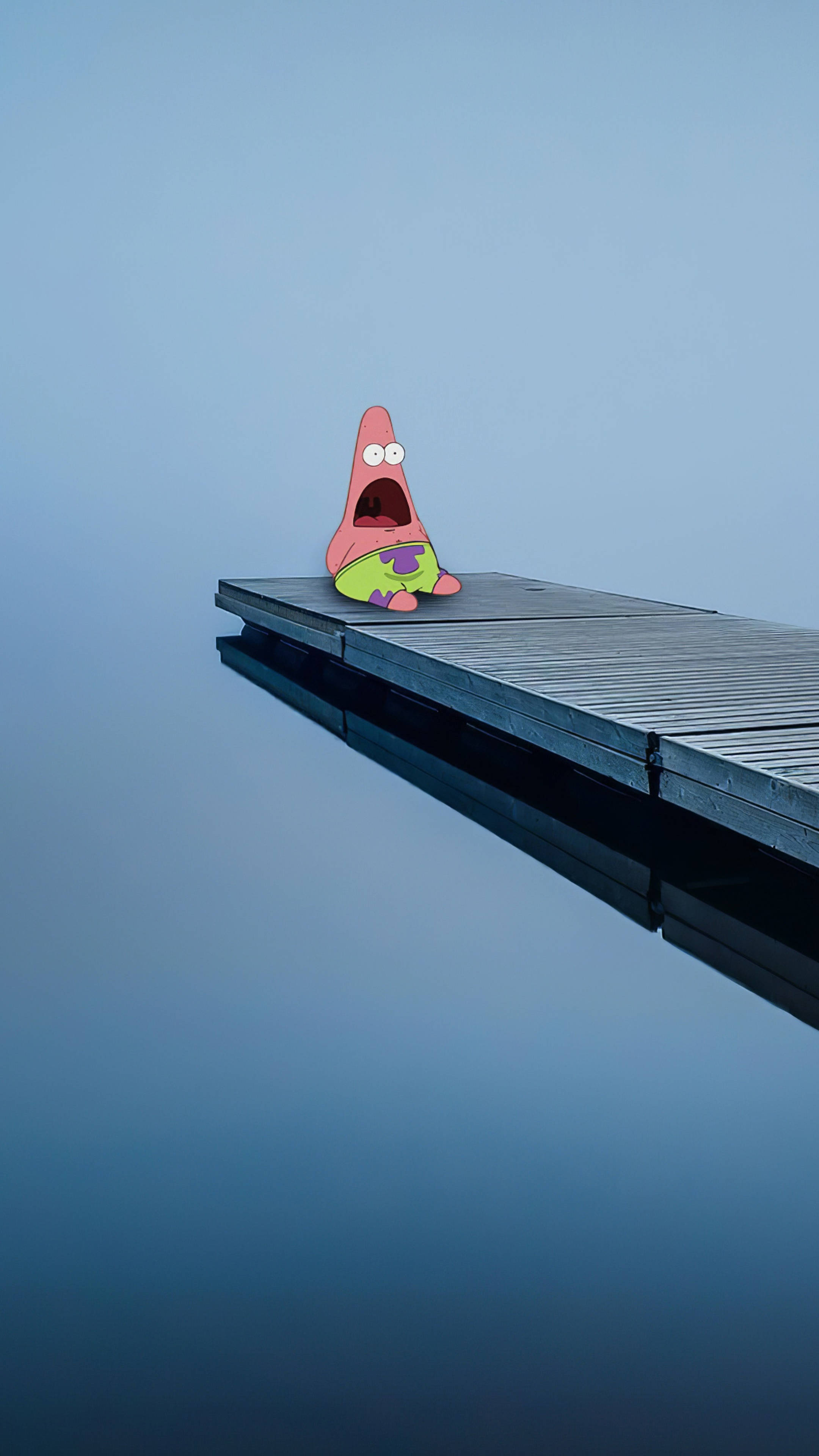 Funny Patrick, cartoon starfish, wooden pier, 4K Phone Wallpaper