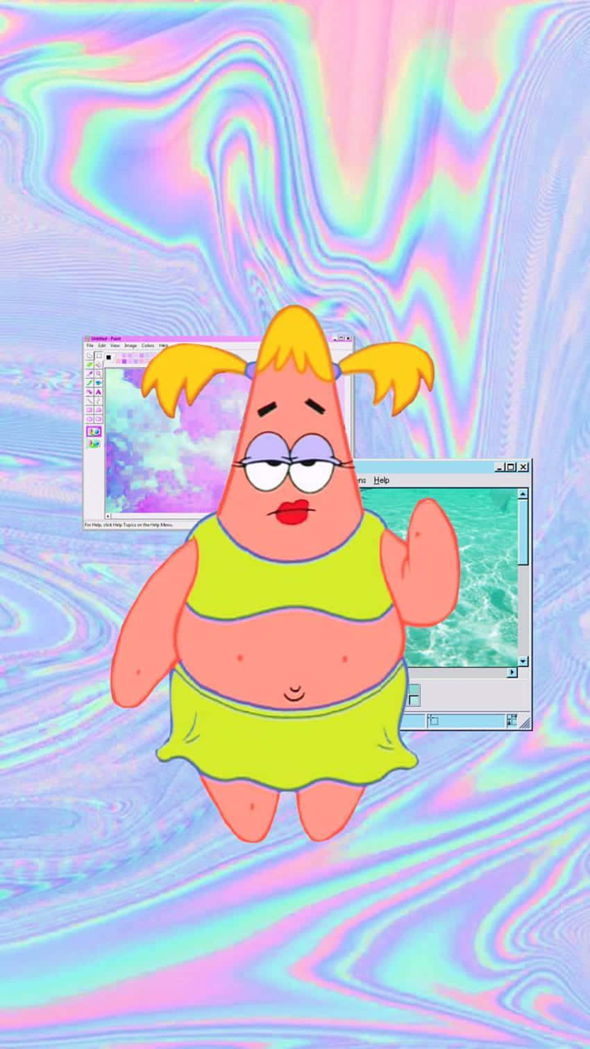 Patrick Star, lime-green outfit, glitchy computer windows, HD Phone Wallpaper