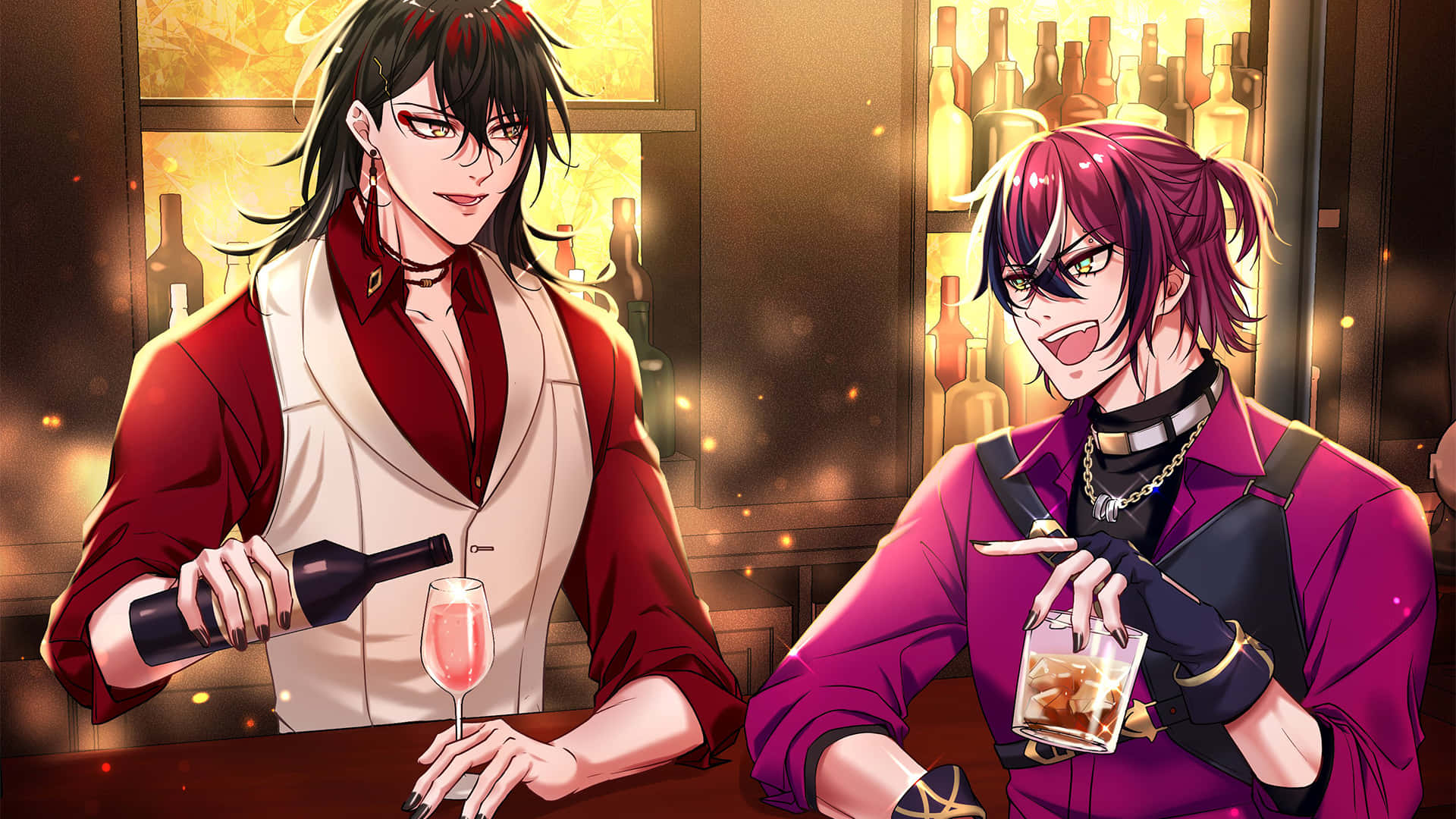 anime men, bar, glowing bottles, Full HD Desktop Wallpaper