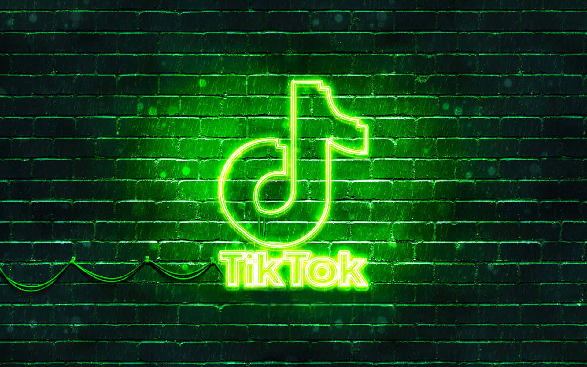 Neon Green, TikTok logo, wet dark brick wall, Full HD Desktop Wallpaper
