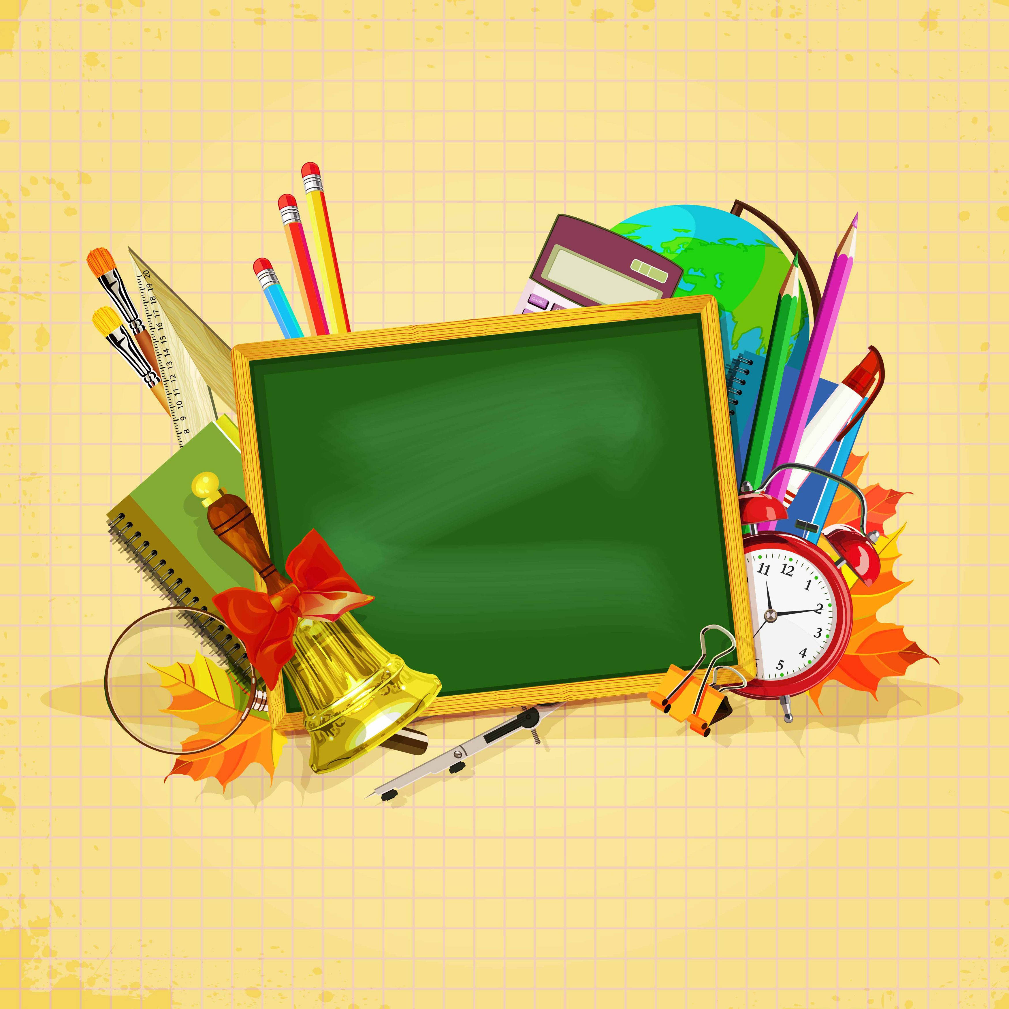 green chalkboard, pencils, rulers, 2K Desktop Wallpaper