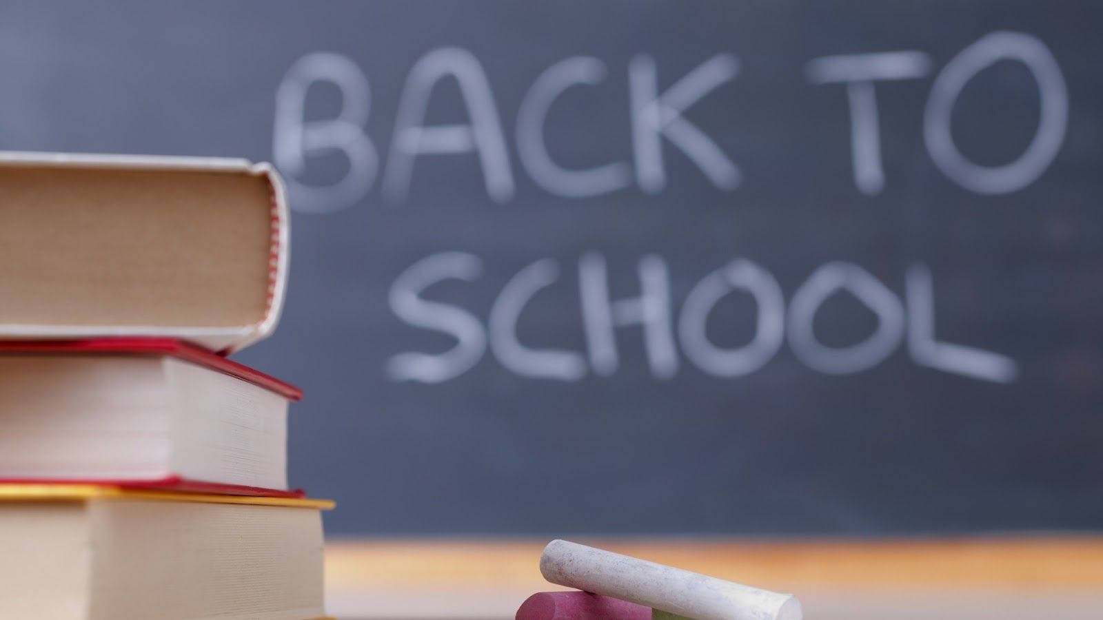BACK TO SCHOOL, chalkboard, stacked books, HD Desktop Wallpaper