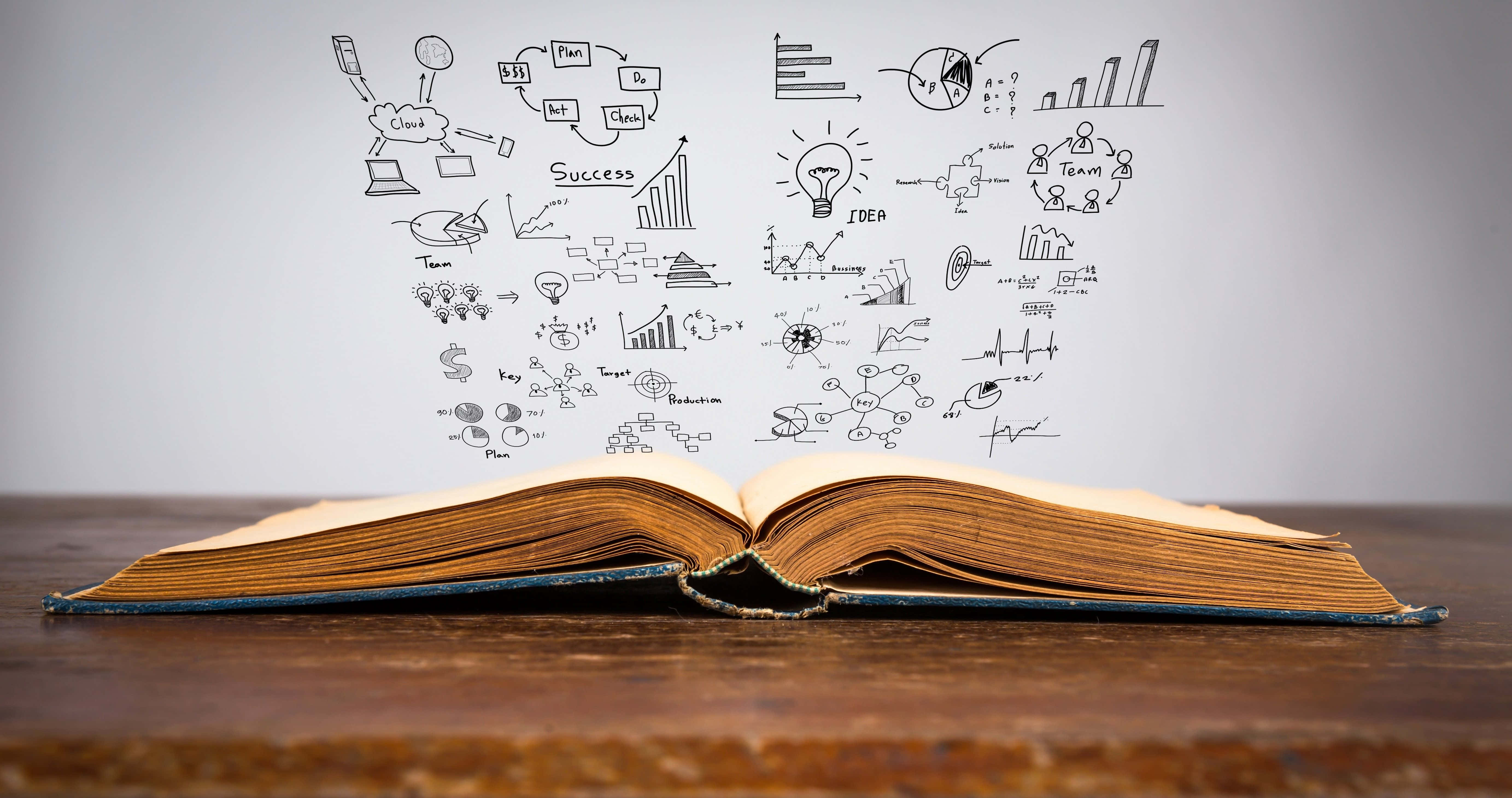 Cool School Book With Icons, open book, wooden table, 5K Desktop Wallpaper