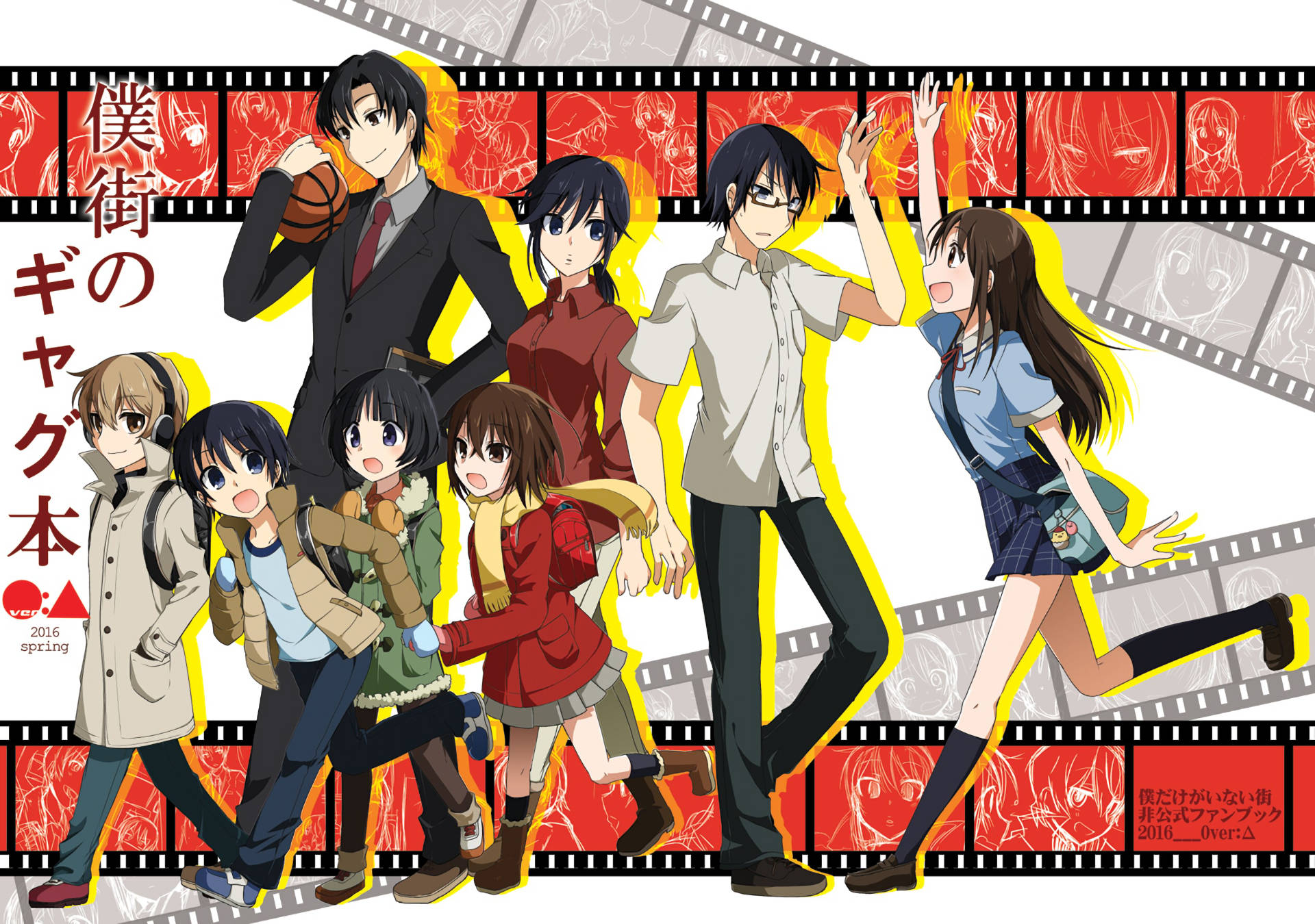 anime, seven characters, red filmstrip background, Full HD Desktop Wallpaper