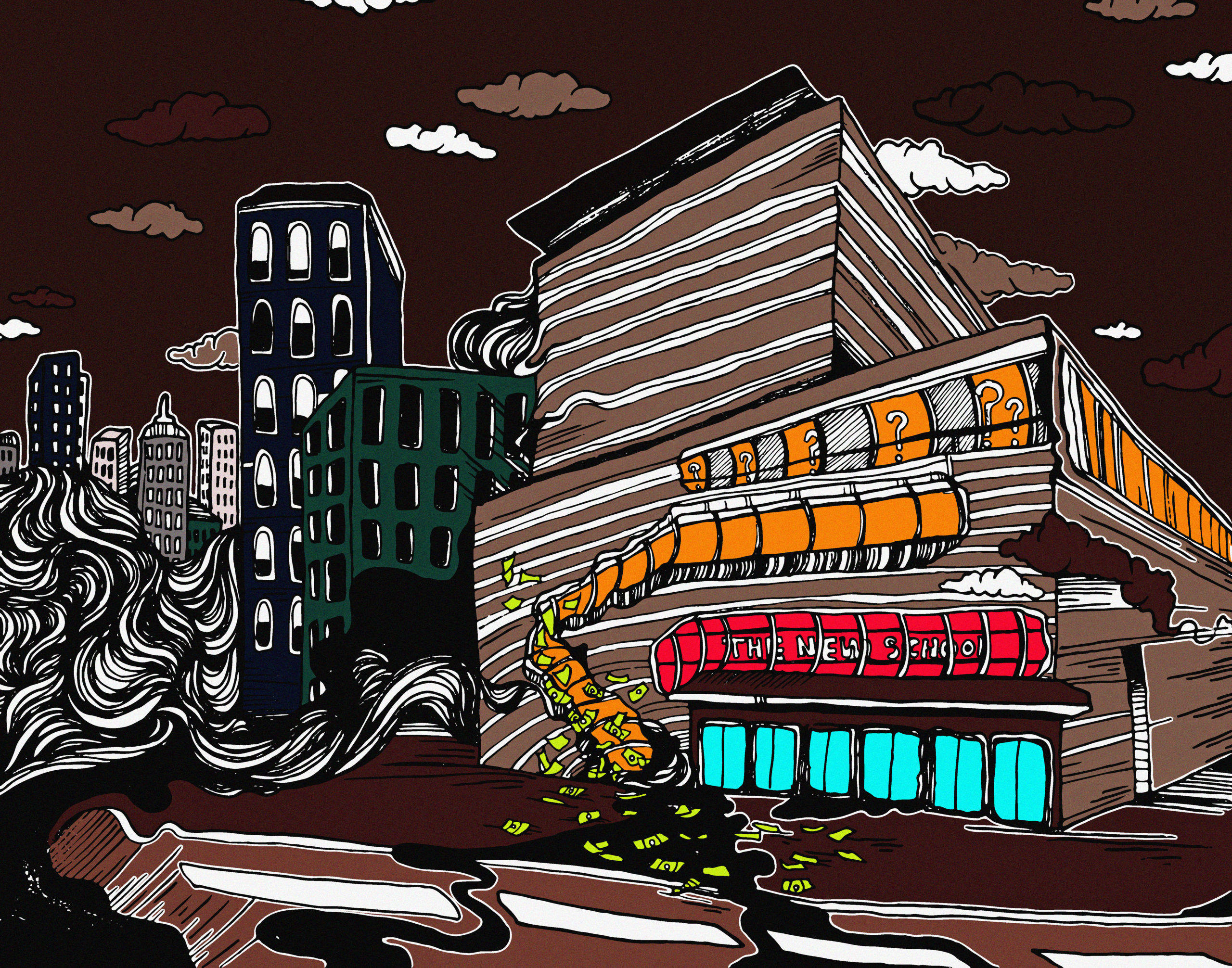 THE NEW SCHOOL, surreal cityscape, tilted building, 2K Desktop Wallpaper