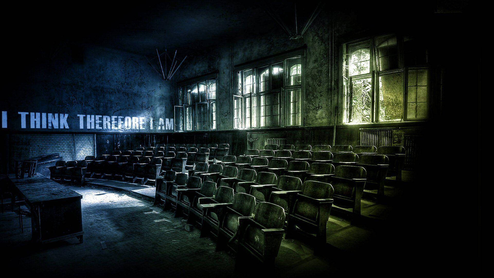 abandoned classroom, dusty wooden chairs, eerie blue light, Full HD Desktop Wallpaper