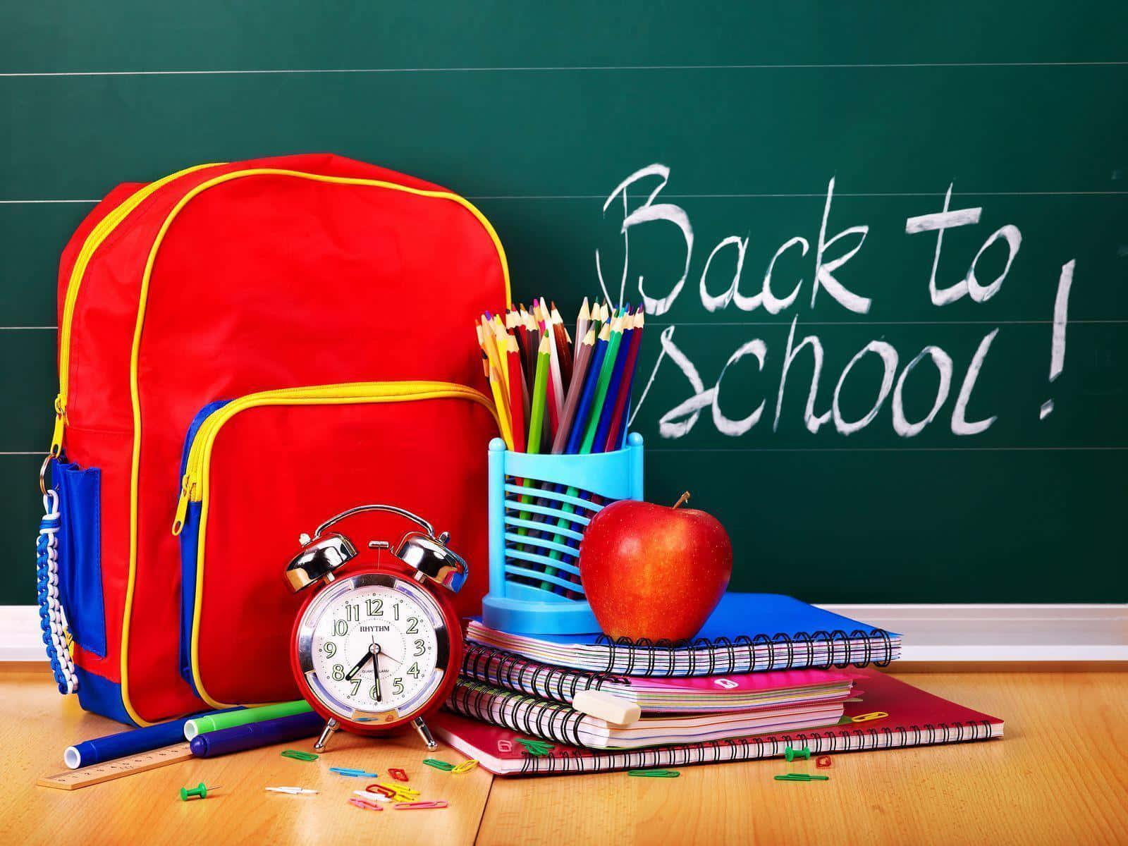 vibrant red backpack, wooden floor, green chalkboard, HD Desktop Wallpaper