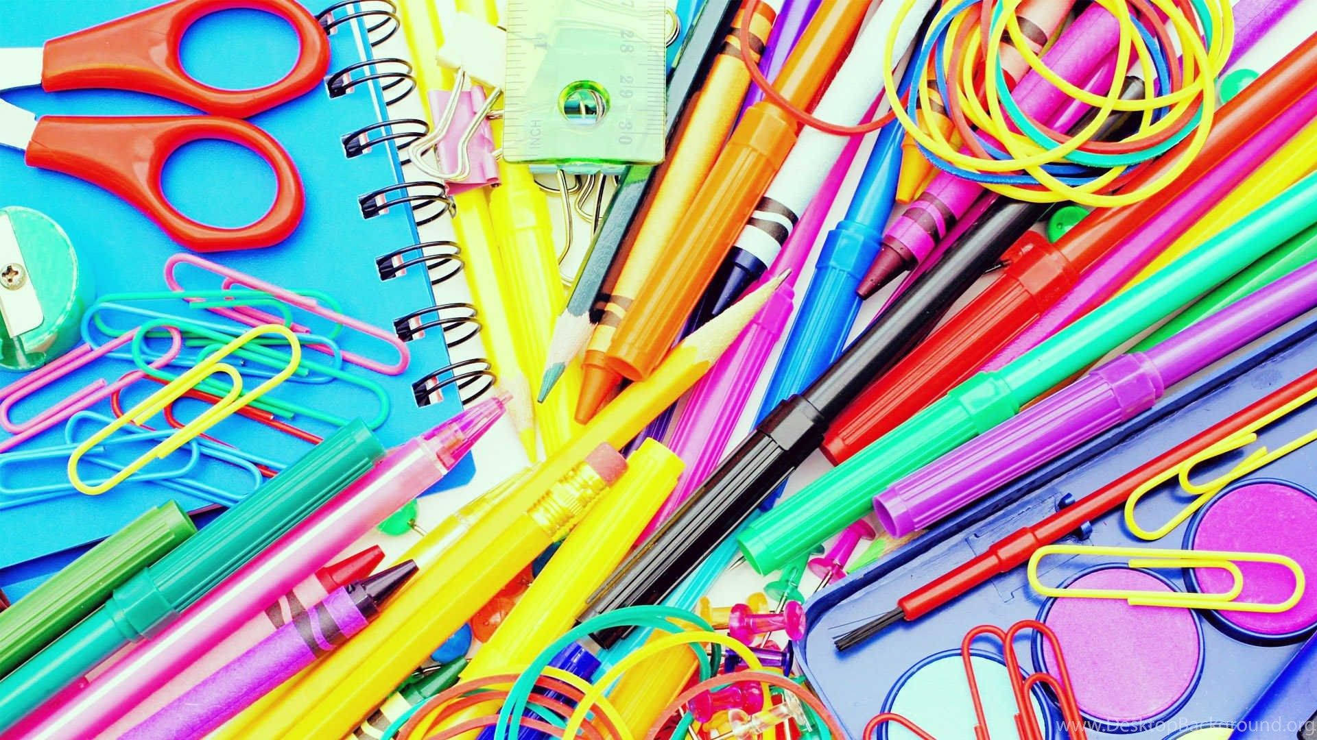 colorful school supplies, pens, scissors, Full HD Desktop Wallpaper