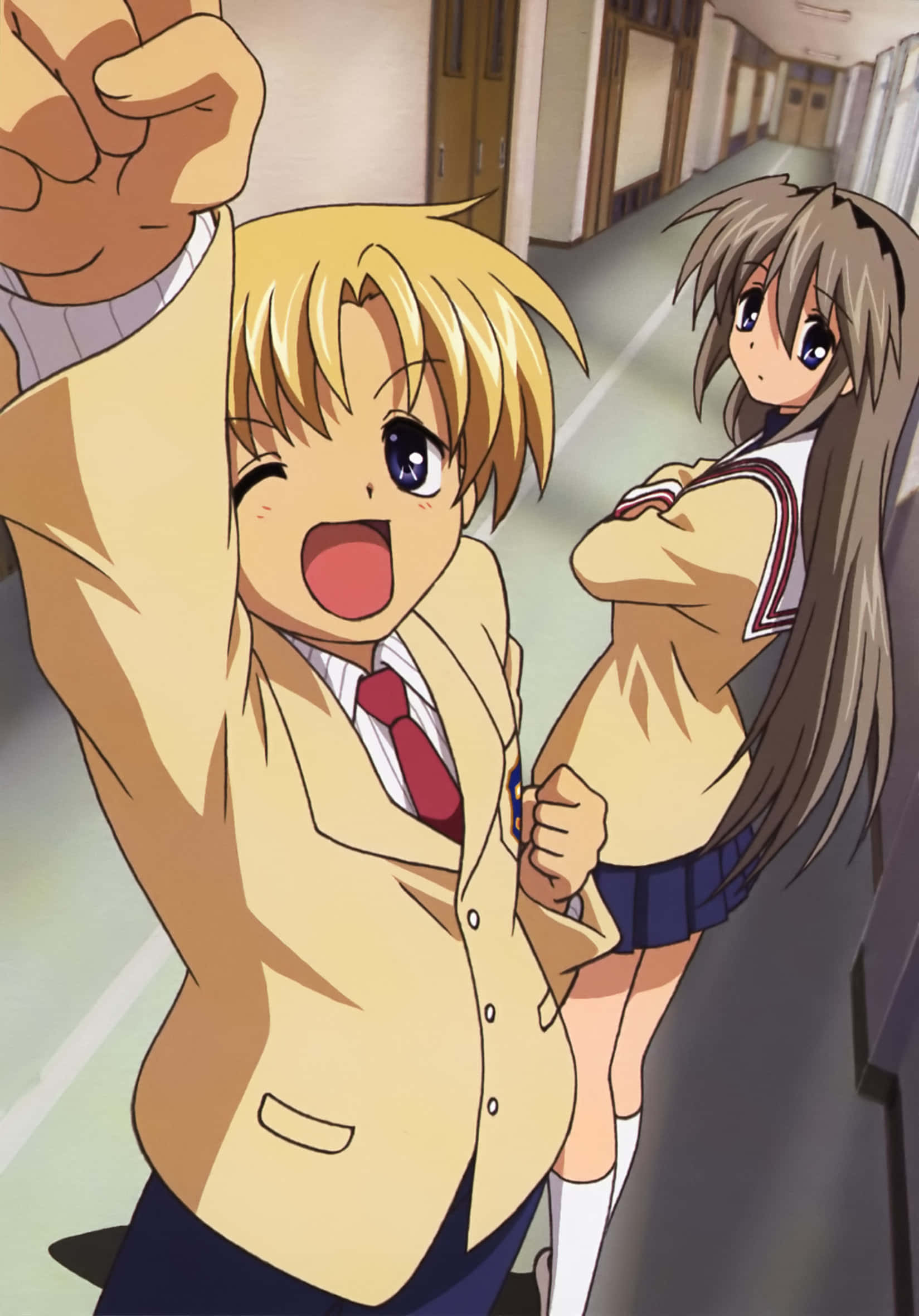 anime boy, beige school uniform, girl with long brown hair, Full HD Phone Wallpaper