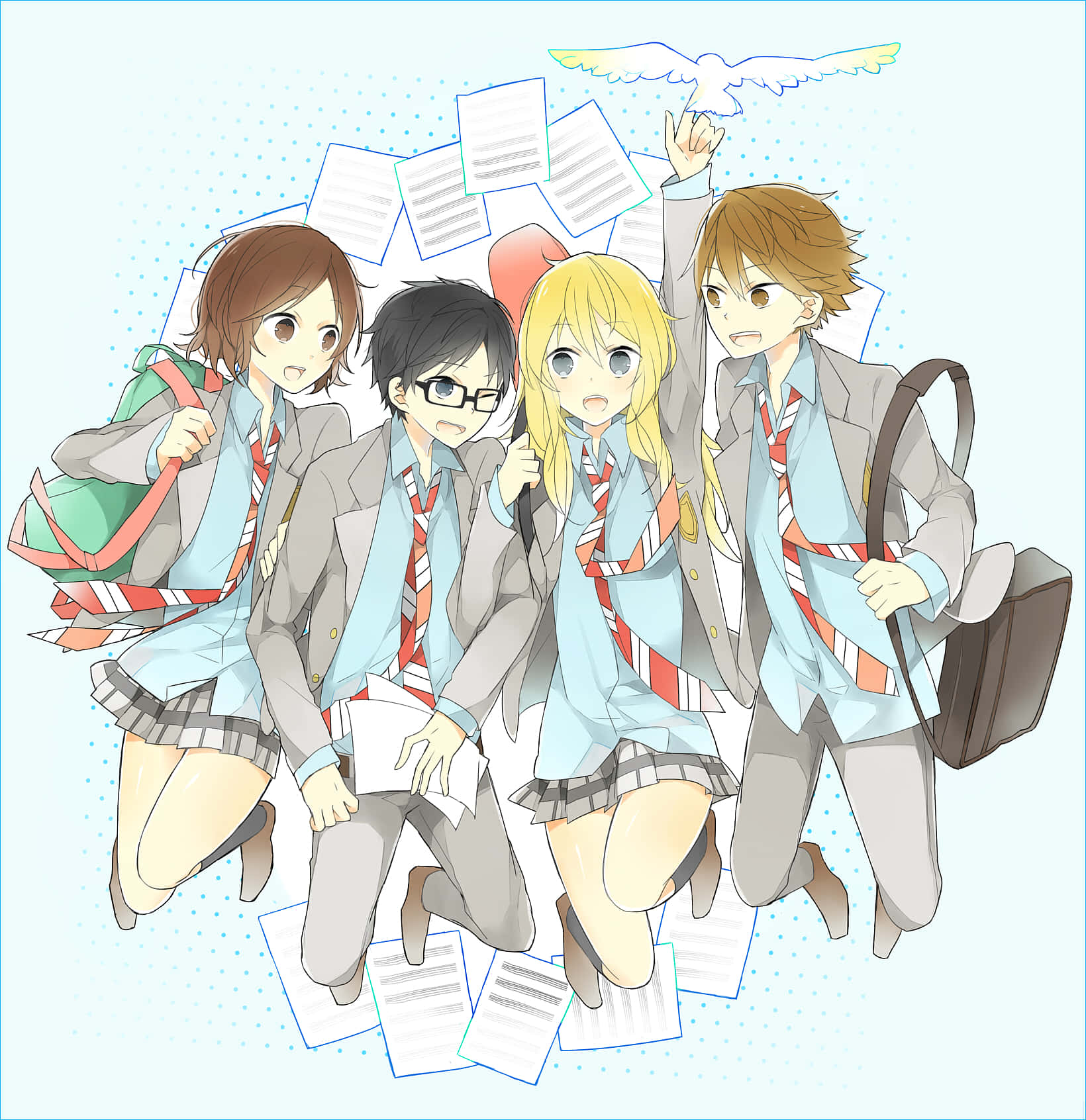 anime students, school uniforms, floating papers, HD Phone Wallpaper