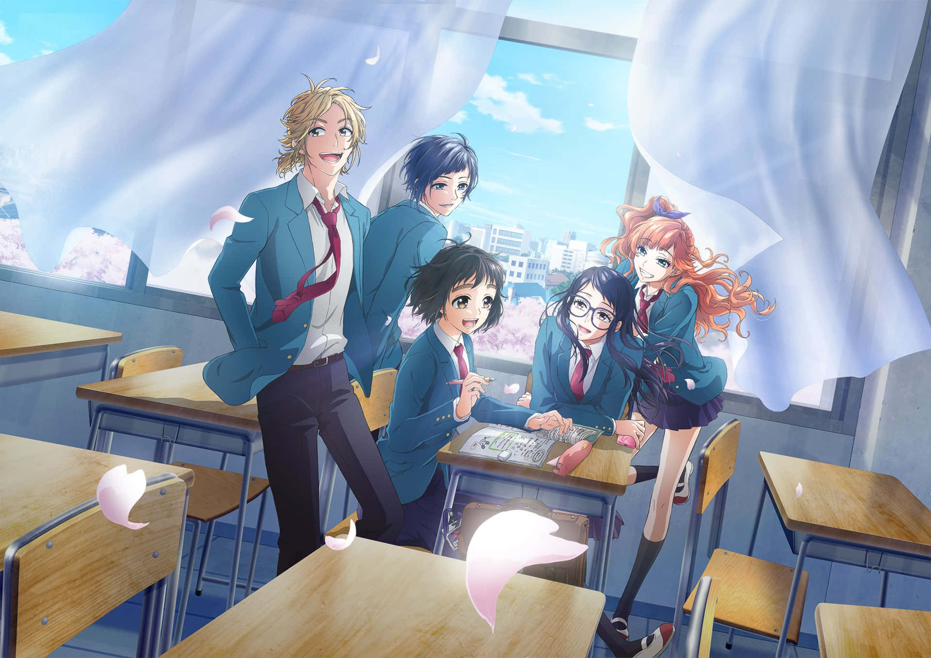 anime students, blue school uniforms, sunlit classroom, Full HD Desktop Wallpaper