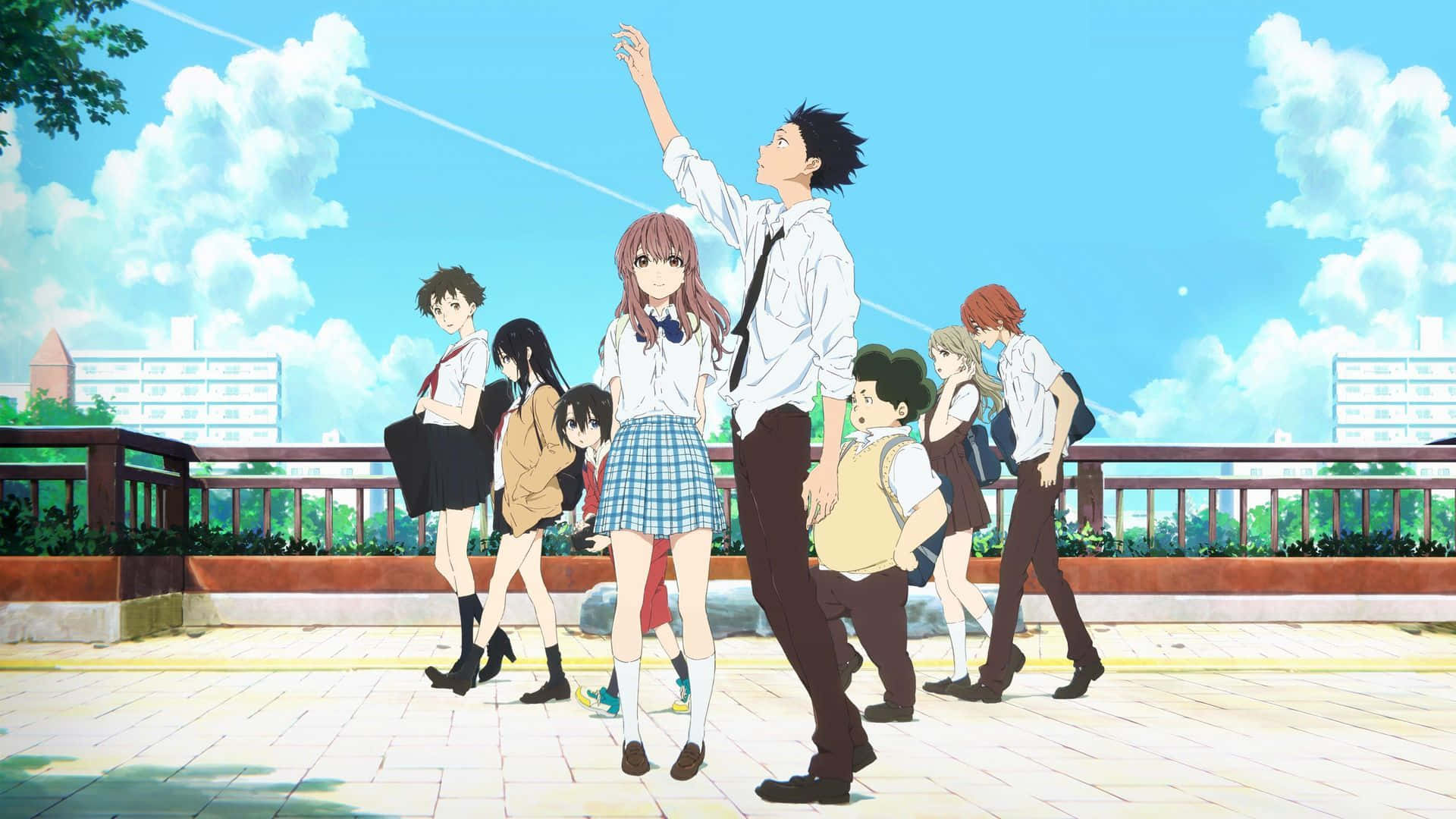anime friends, schoolyard scene, school uniforms, Full HD Desktop Wallpaper