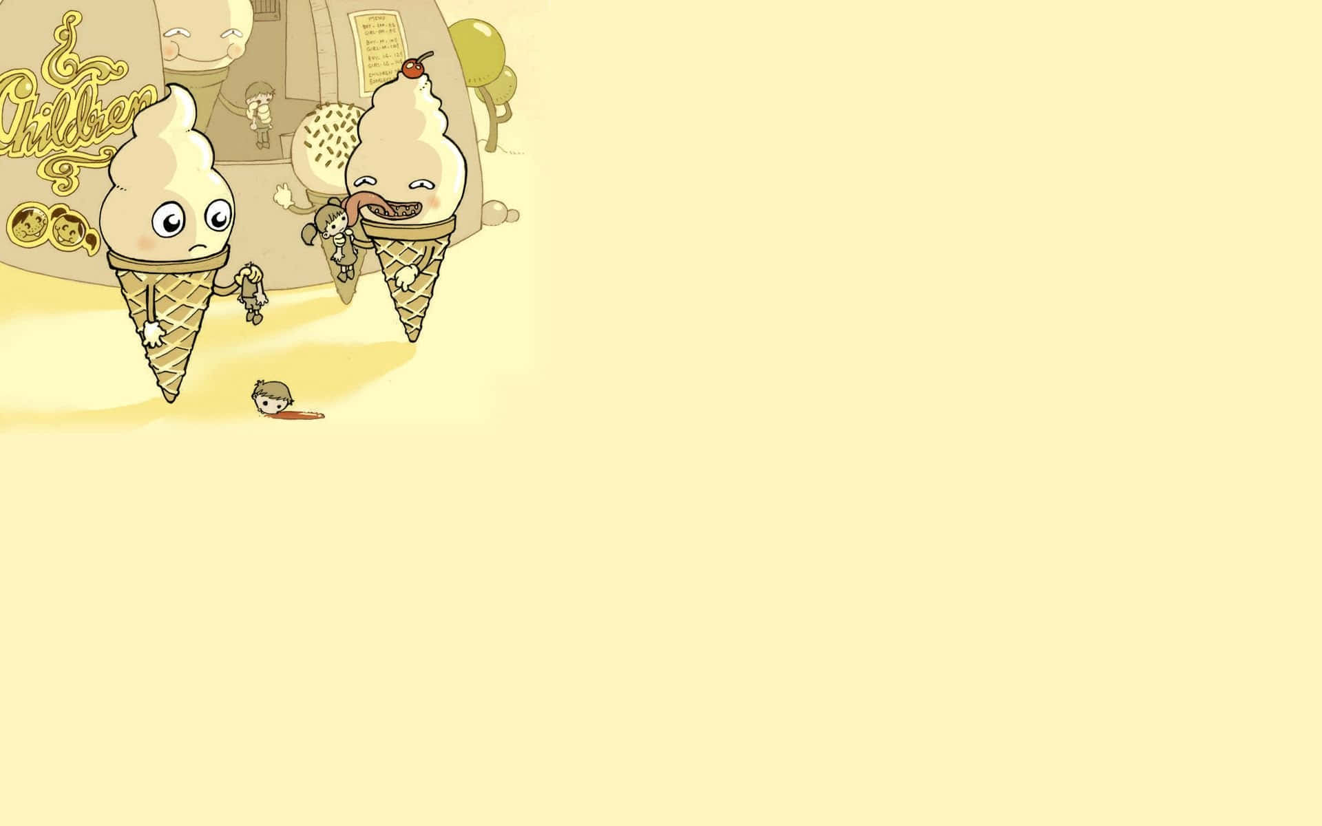 whimsical shop, cartoon ice cream cones with faces, tiny monkey, Full HD Desktop Wallpaper