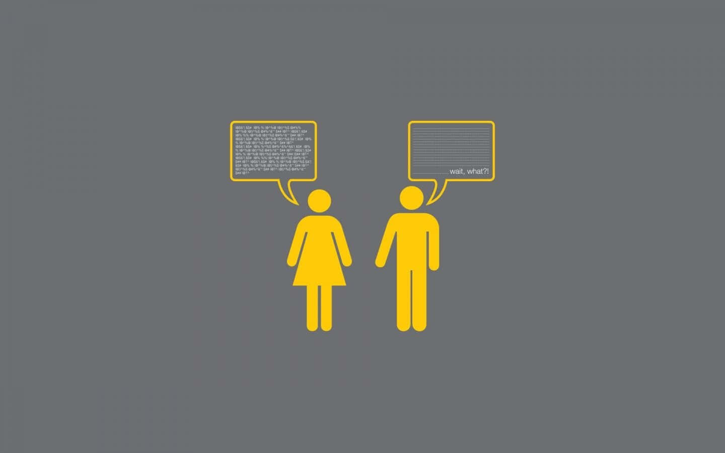 yellow stick figures, gray background, long text bubble, HD Desktop Wallpaper