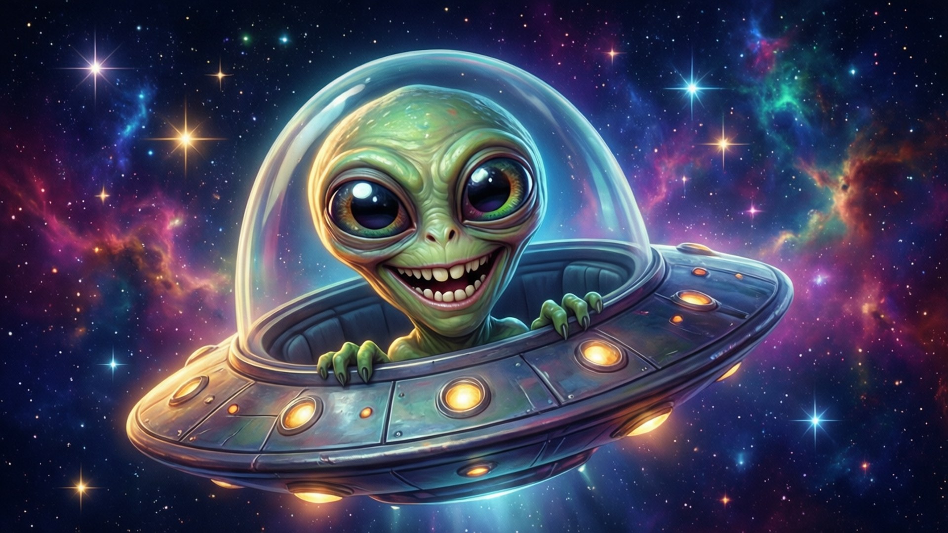 alien, saucer, starry space scene, Full HD Desktop Wallpaper