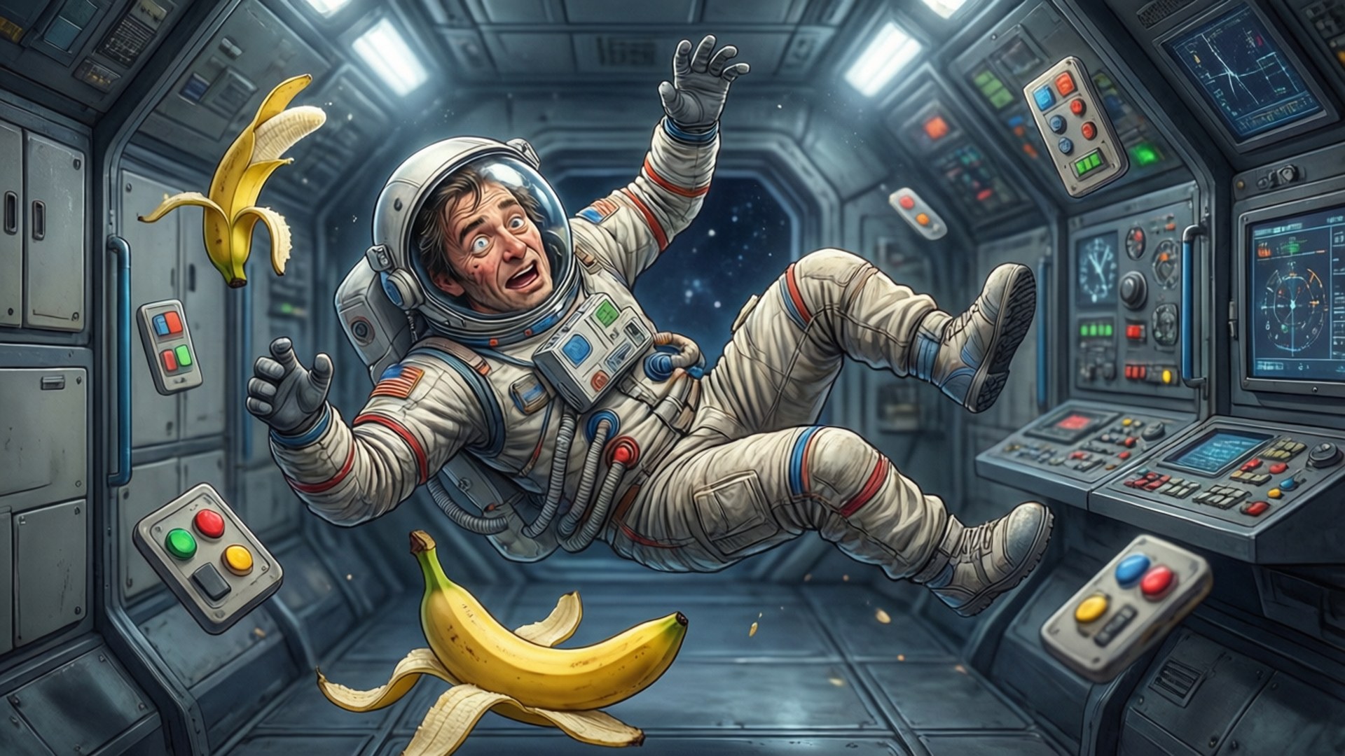astronaut, banana, zero gravity, Full HD Desktop Wallpaper