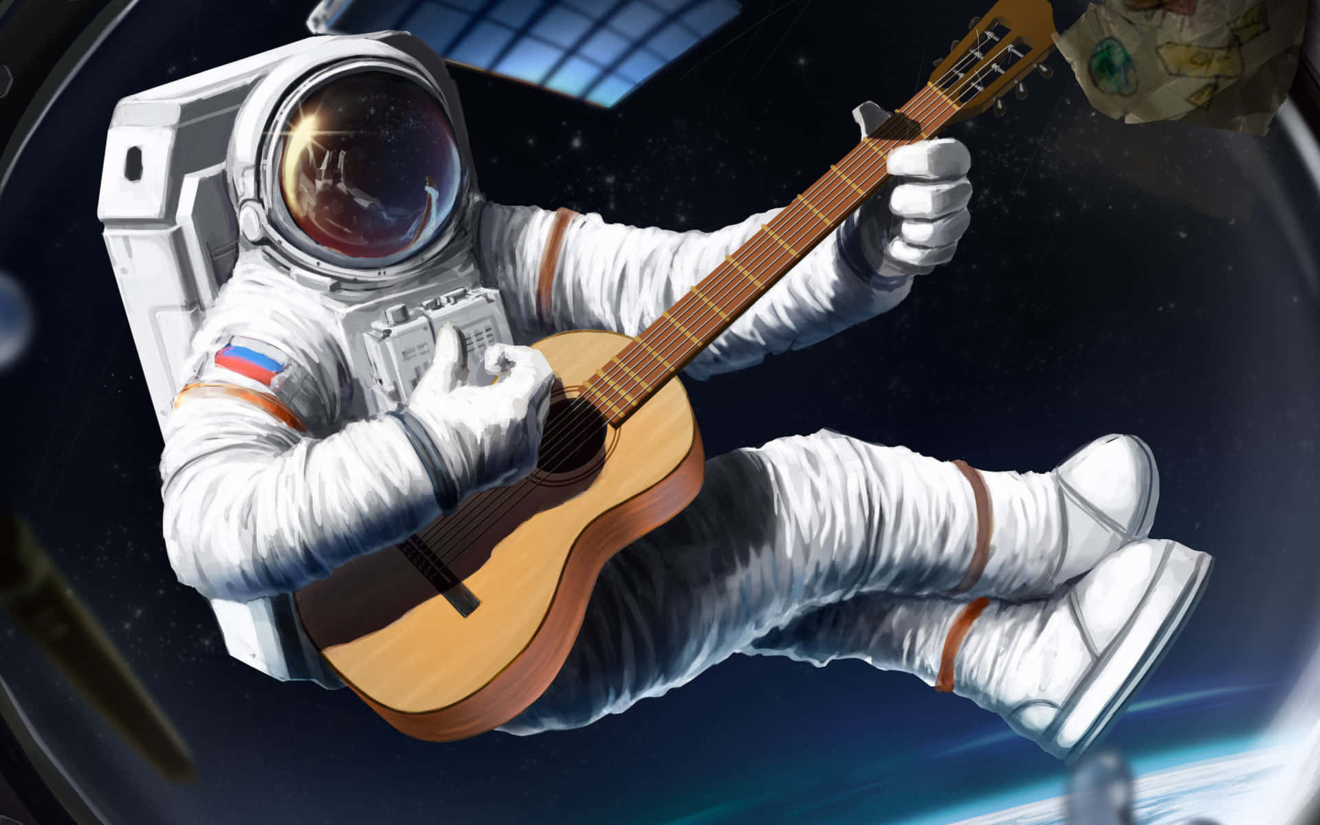 astronaut, white suit, acoustic guitar, Full HD Desktop Wallpaper