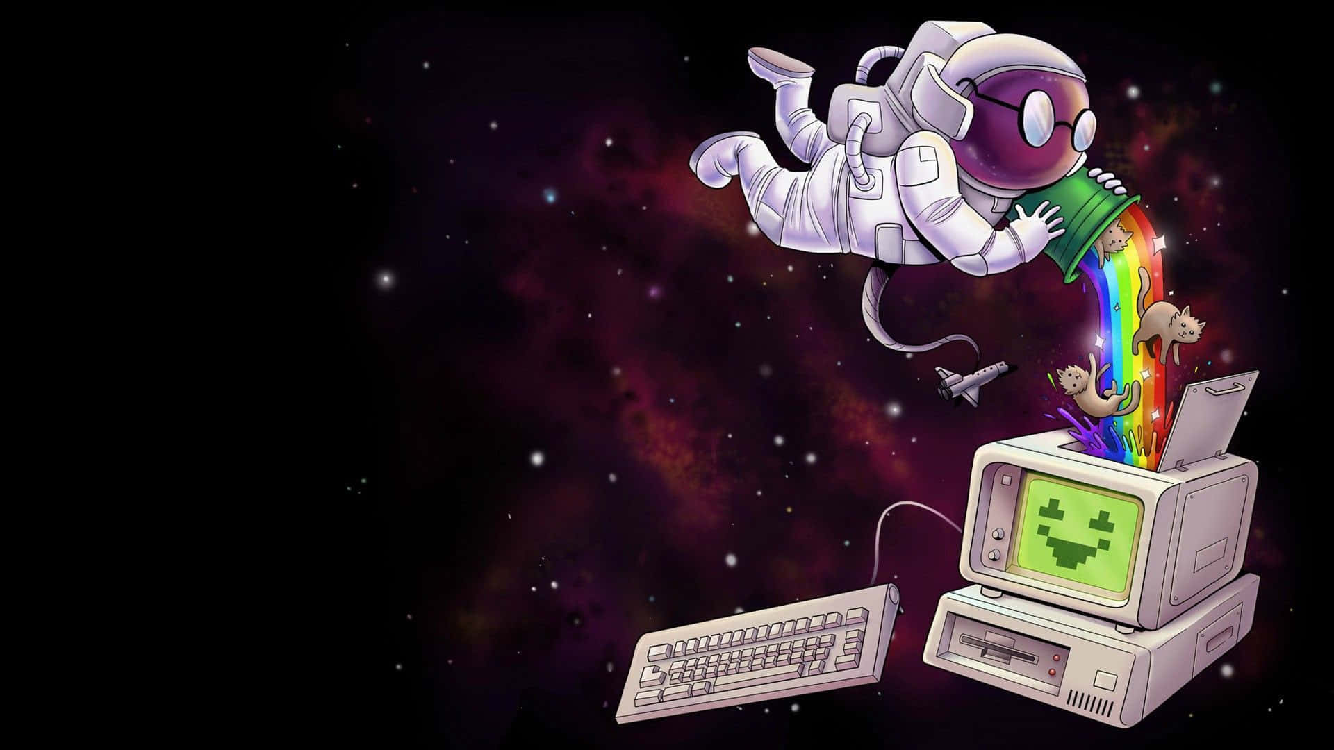 astronaut, rainbow, old computer, Full HD Desktop Wallpaper
