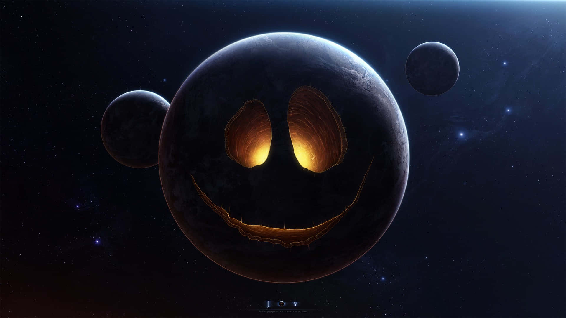 cosmic fun, dark planet, glowing orange eyes, Full HD Desktop Wallpaper