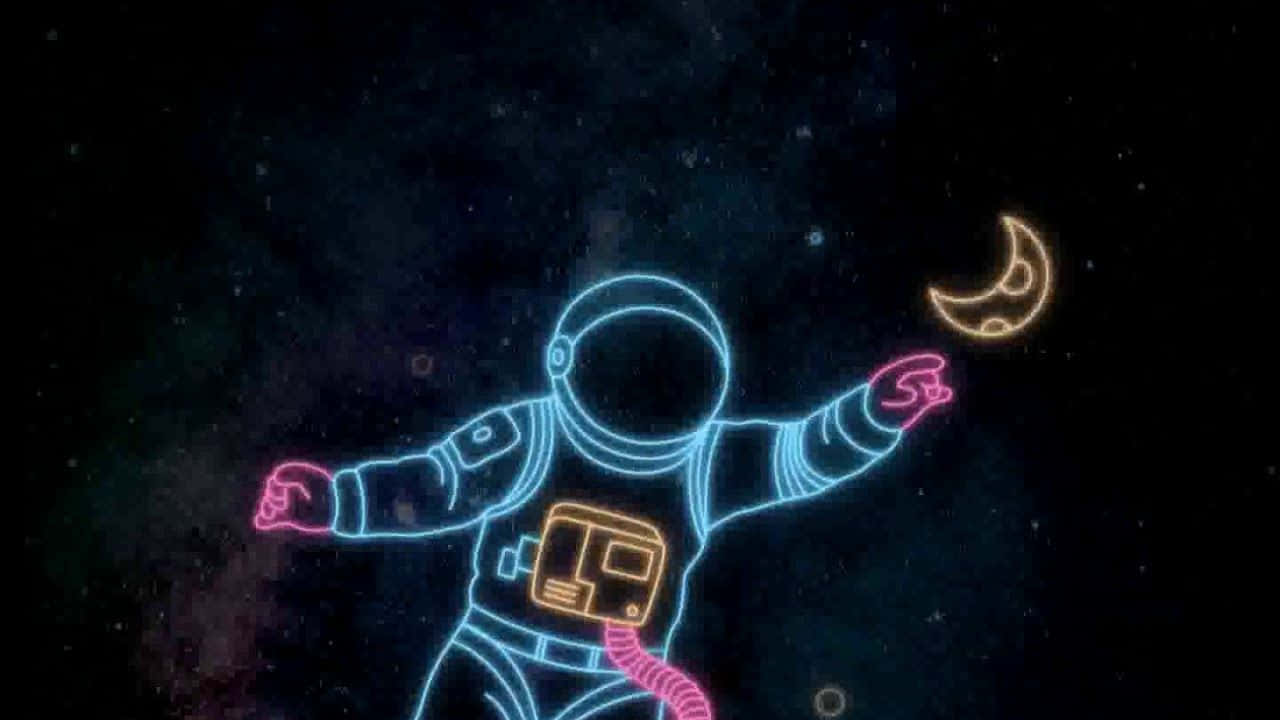 neon-outlined astronaut, glowing crescent moon, starry cosmic backdrop, HD Desktop Wallpaper