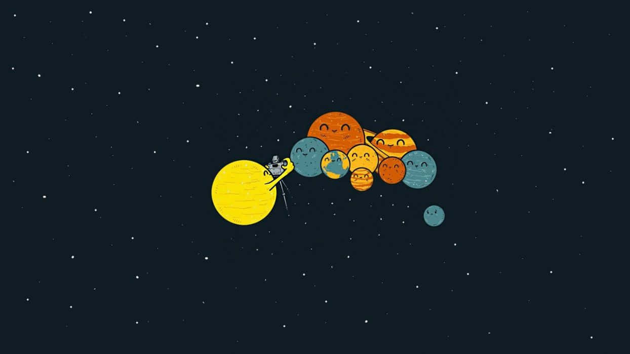 cartoon astronaut, smiling yellow sun, cluster of smiling planets, SD Desktop Wallpaper