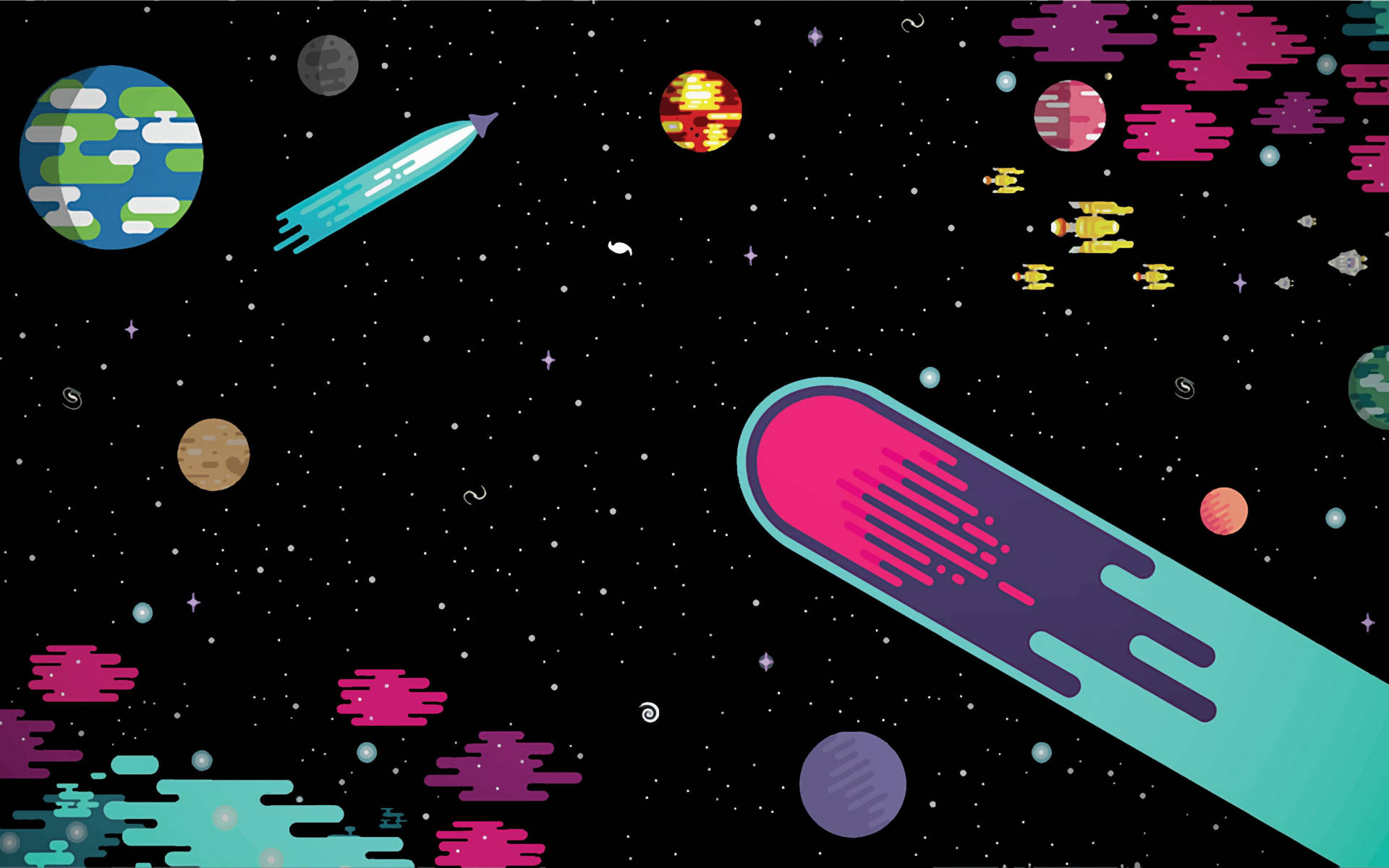 pixel-art spaceships, colorful planets, stars, Full HD Desktop Wallpaper