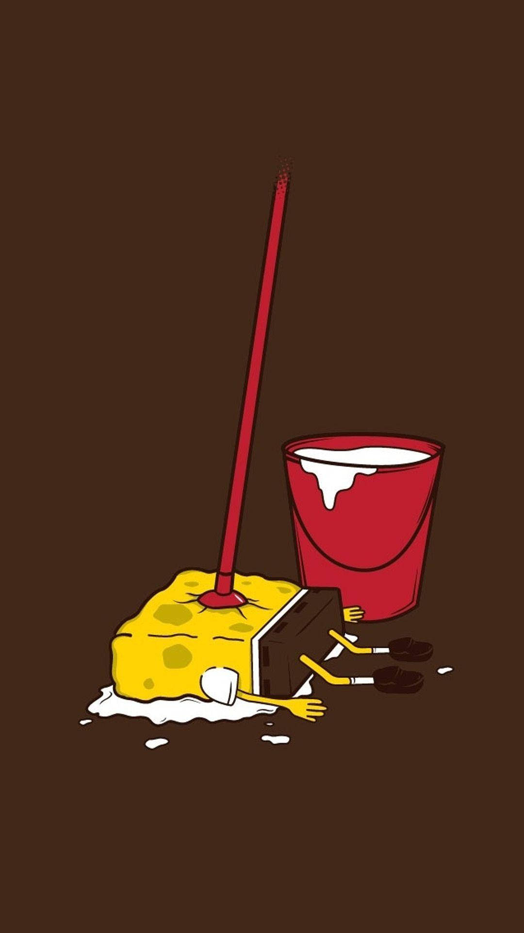 Spongebob, red mop handle, red bucket, Full HD Phone Wallpaper