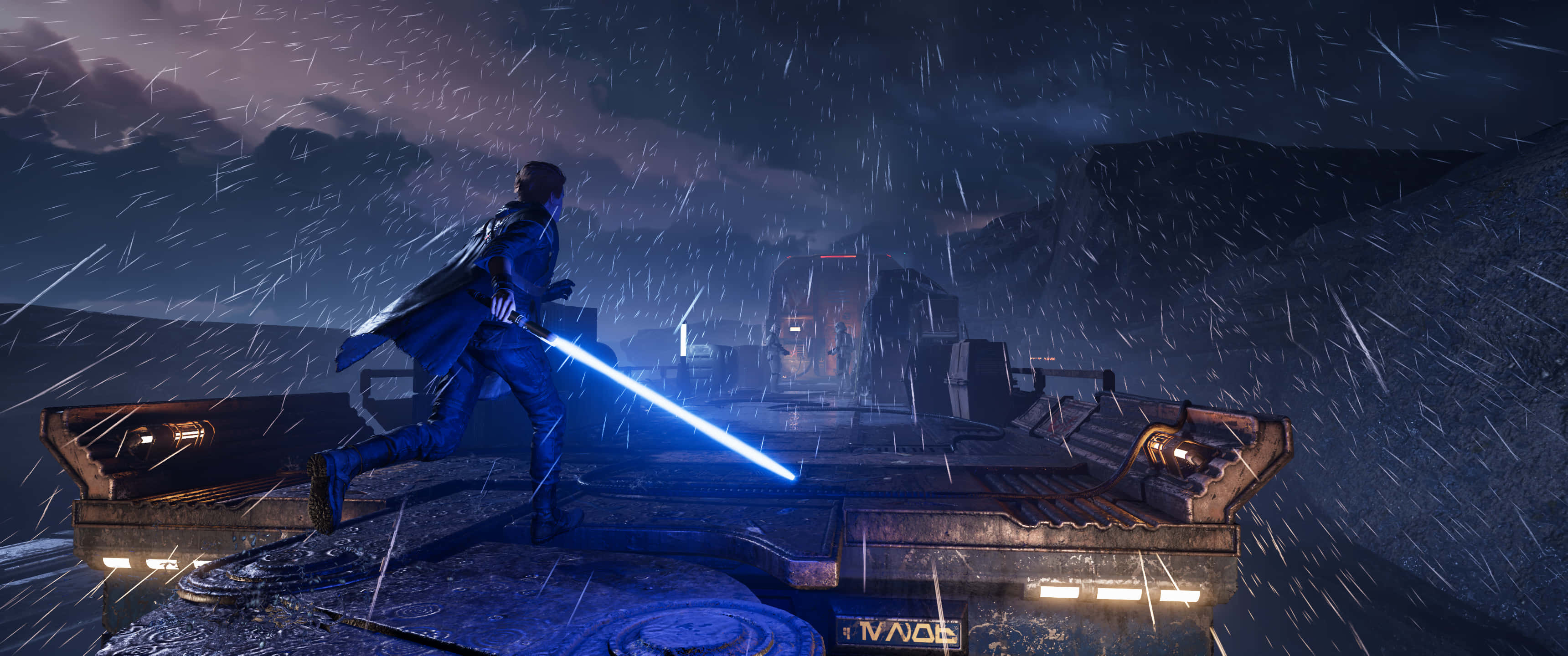 Star Wars, blue lightsaber, rain-slicked spaceship deck, 2K Desktop Wallpaper