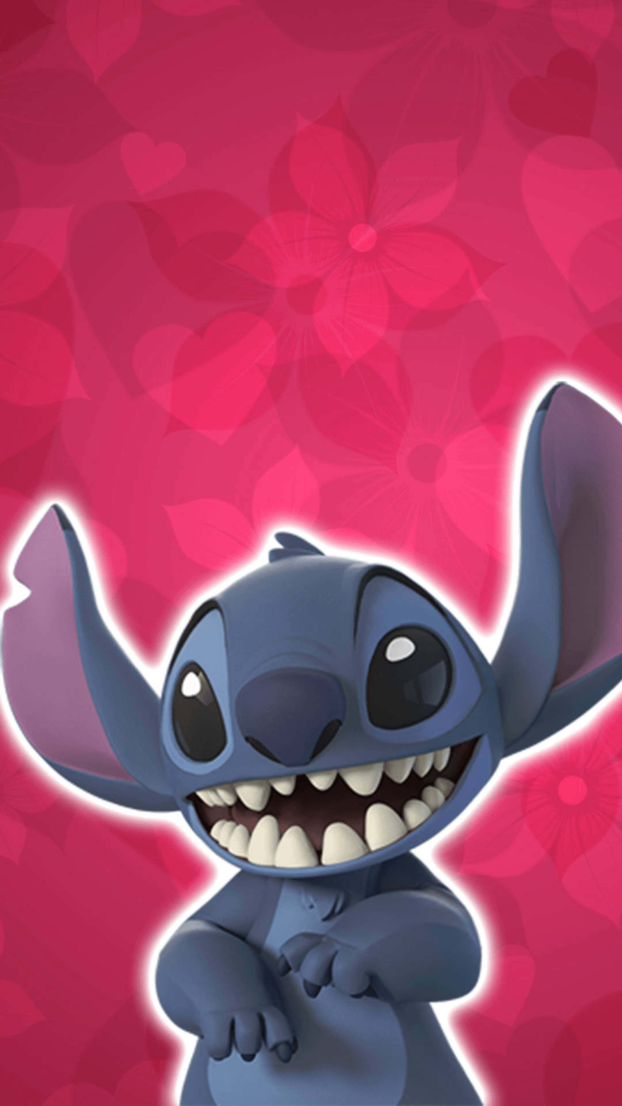 Stitch, pink background, floral patterns, 4K Phone Wallpaper