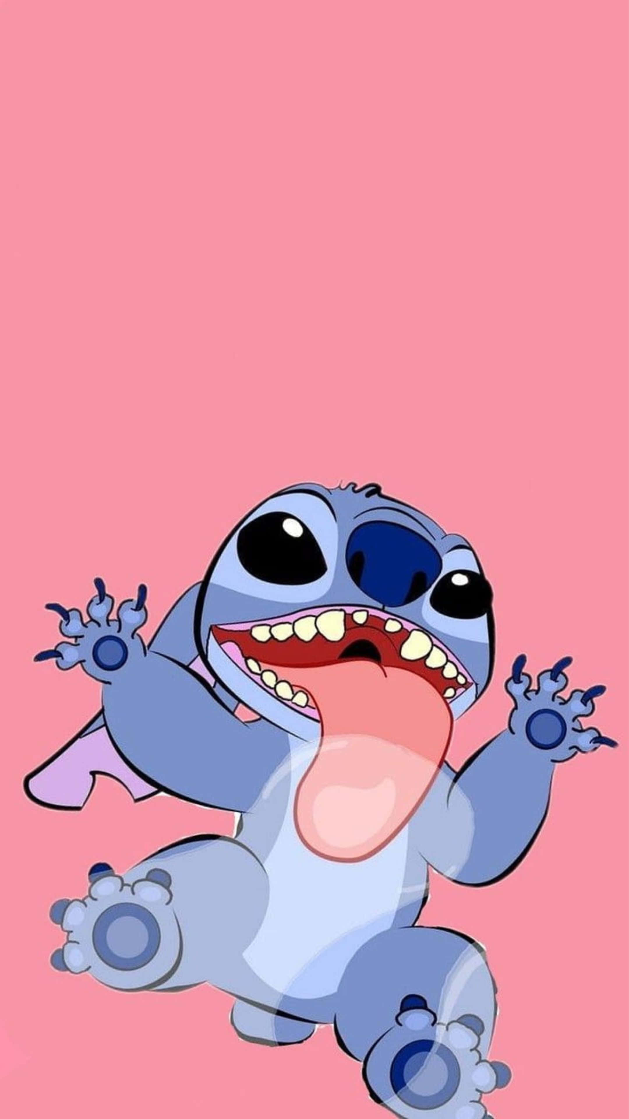 Stitch, pink background, blue cartoon alien, 4K Phone Wallpaper