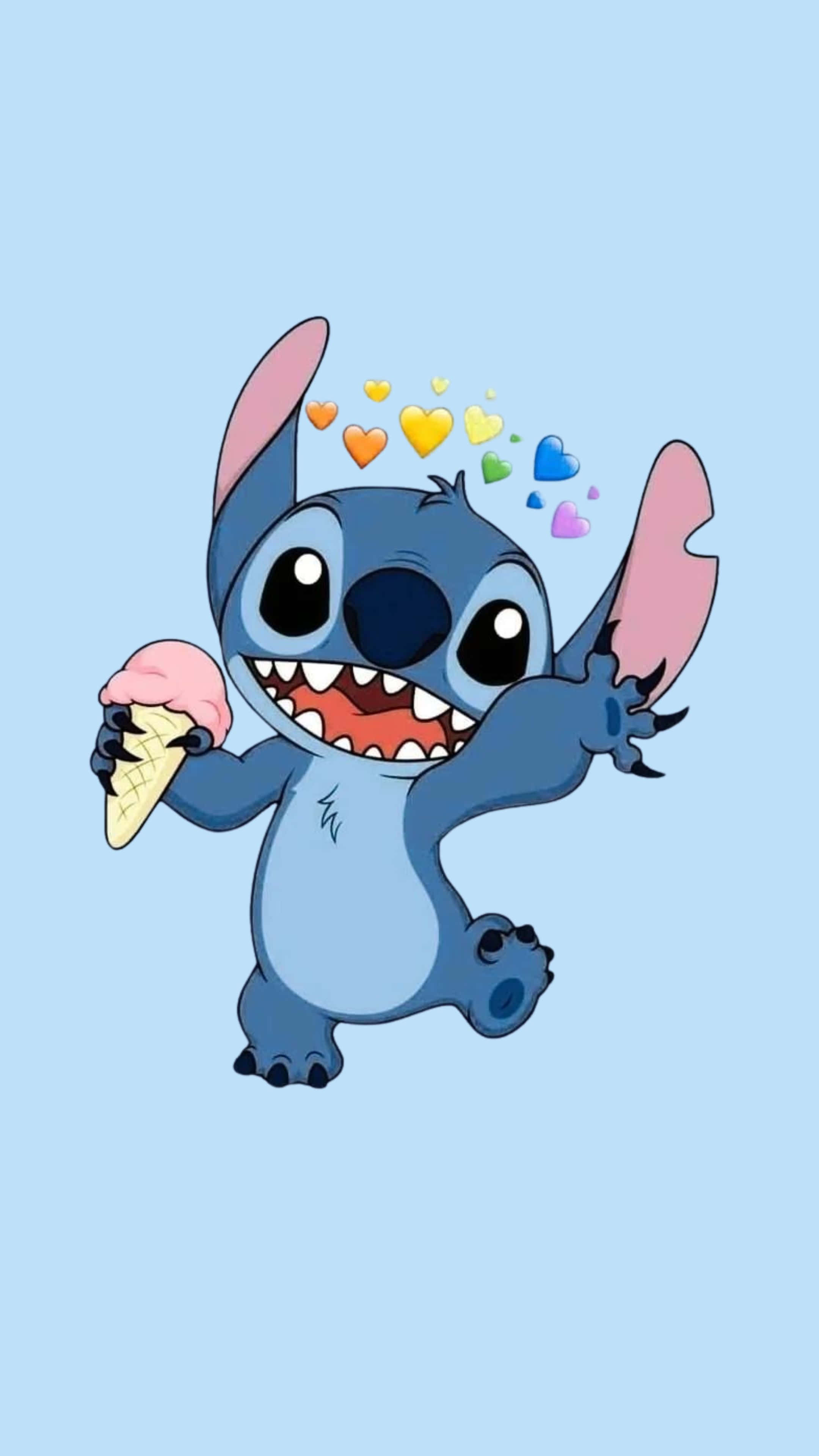 Stitch, pink ice cream cone, colorful hearts, 4K Phone Wallpaper