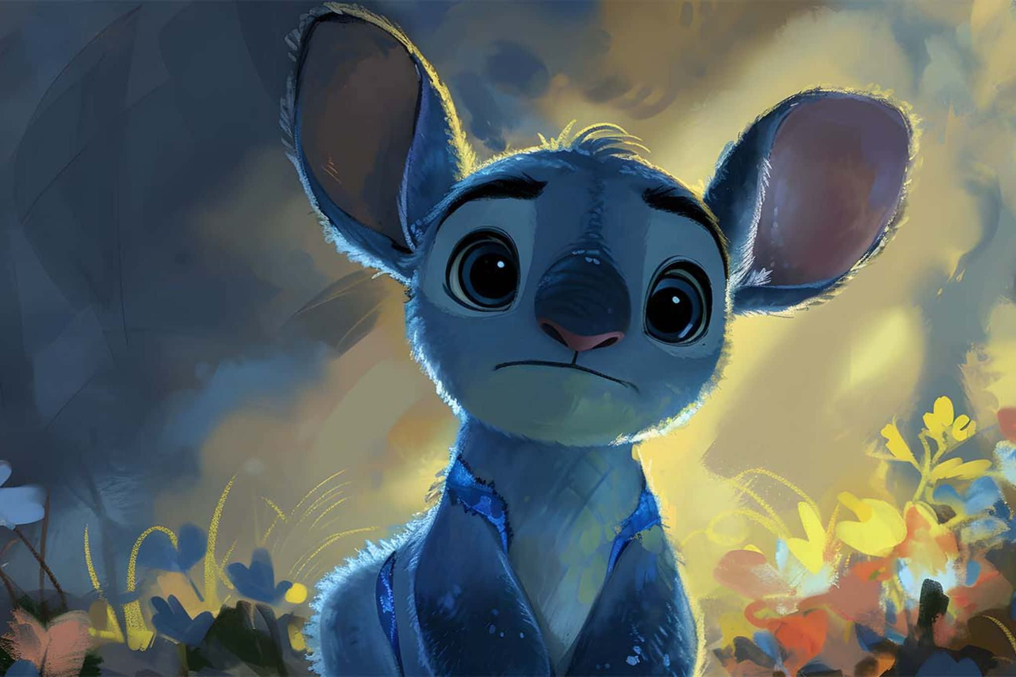 Contemplative Stitch, blue furry creature, large ears, Full HD Desktop Wallpaper